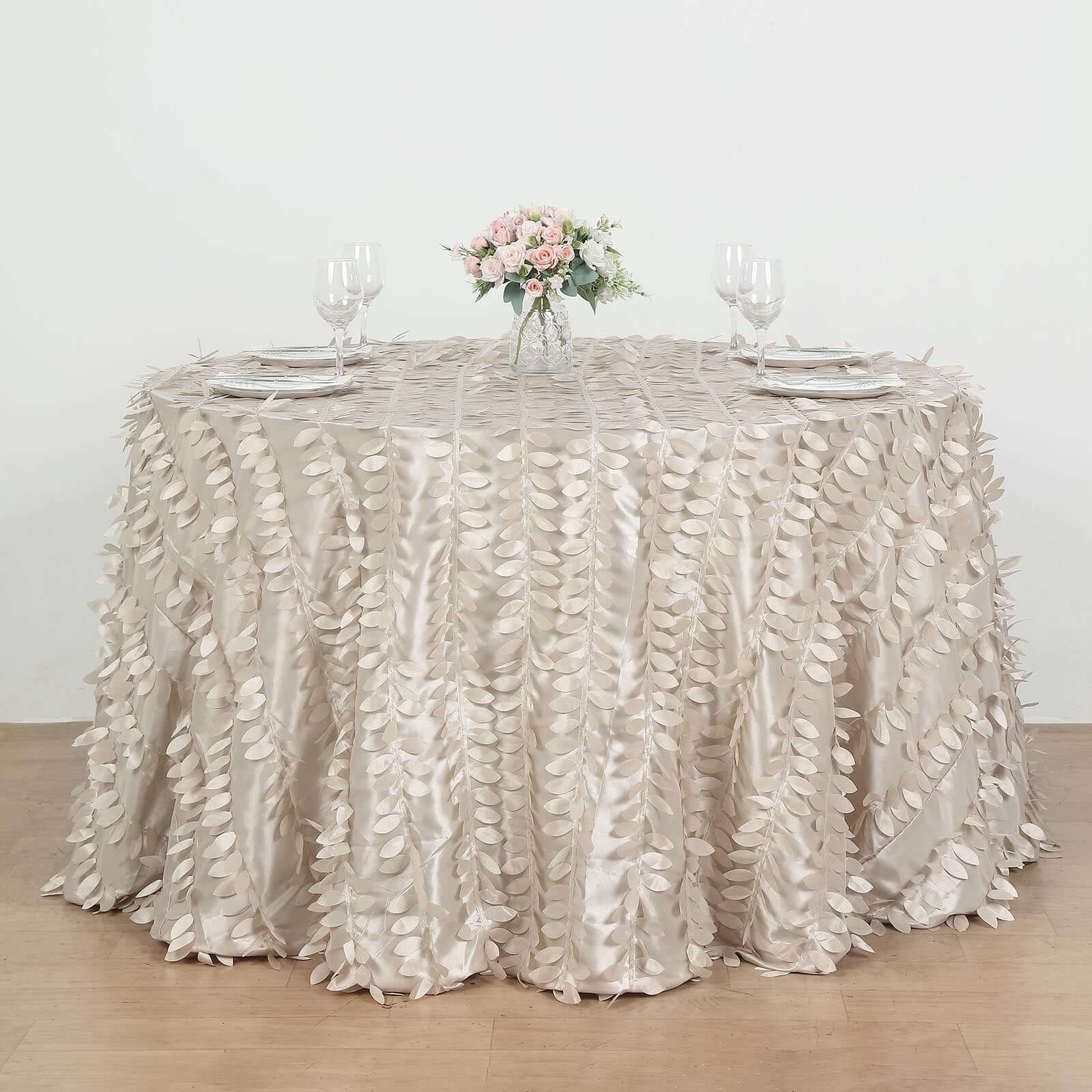 Taffeta 120" Round Tablecloth Beige 3D | 3D Leaf Petal Design Seamless Table Cover for Chic Wedding & Event Decor