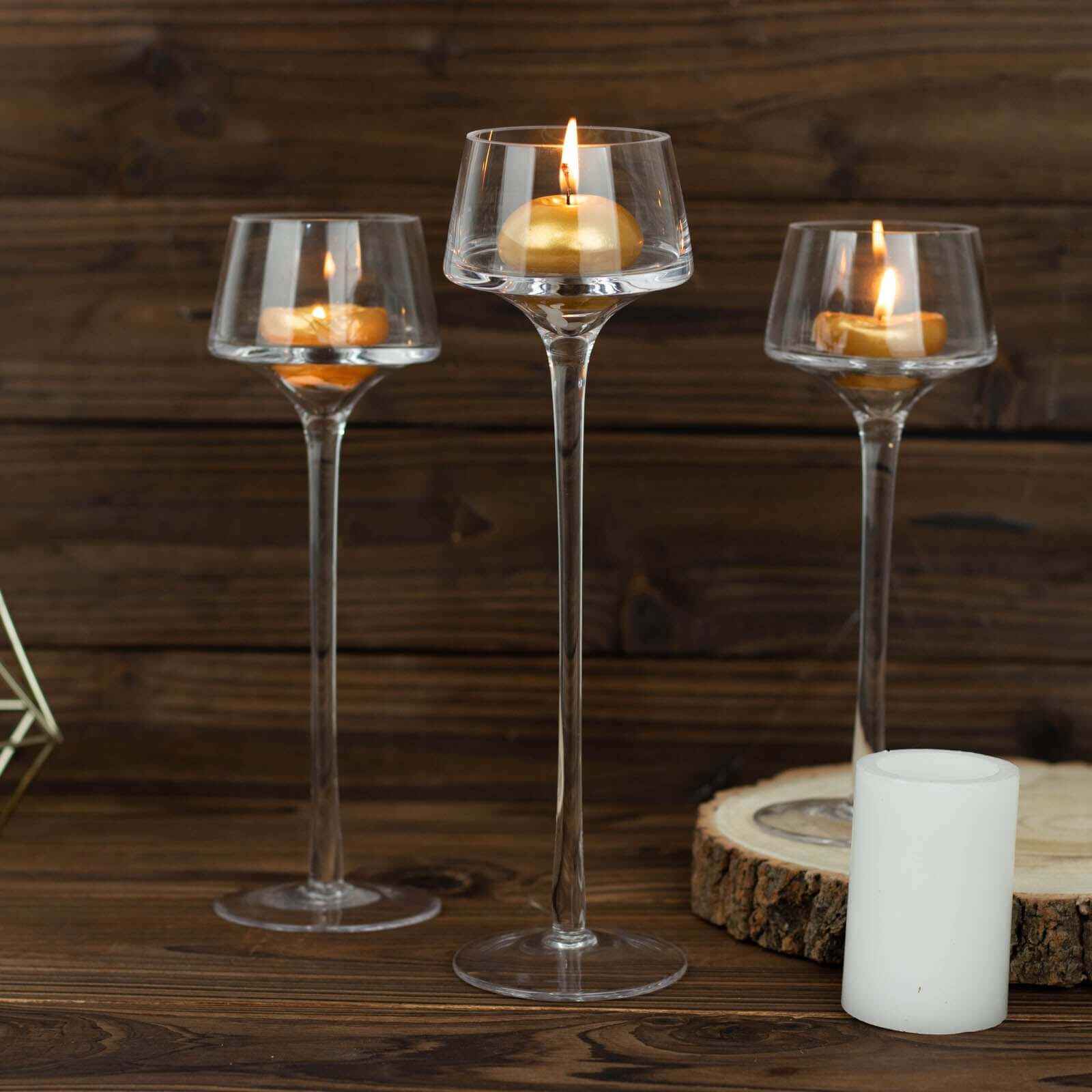 Set of 3 Glass Pedestal Vases Long Stem Clear - Tall Disc Candle Holders for Floral Centerpieces 8", 9", 10"