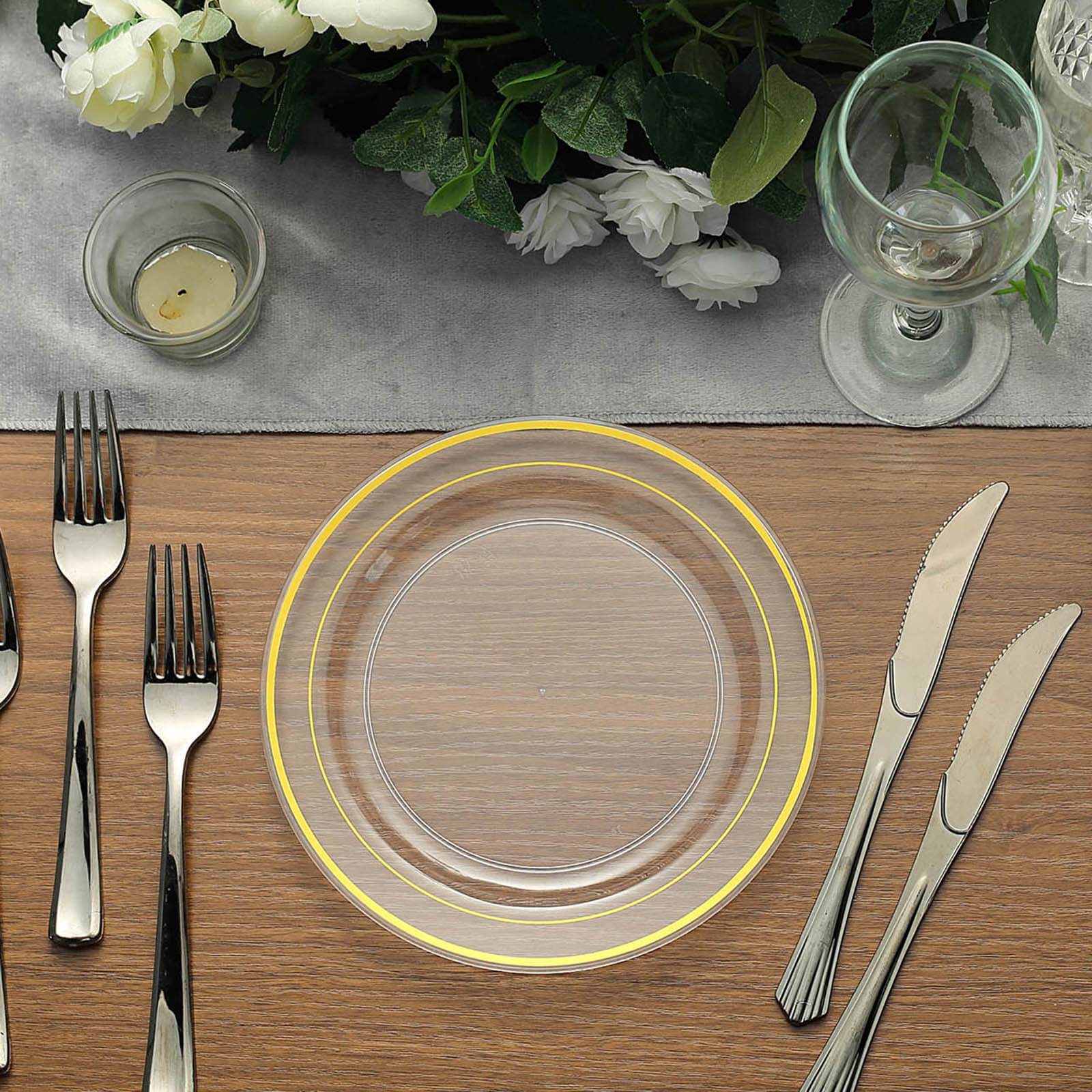 10-Pack Plastic Dessert Plates Clear with Très Chic Gold Rim - Disposable Plates for Parties 8"