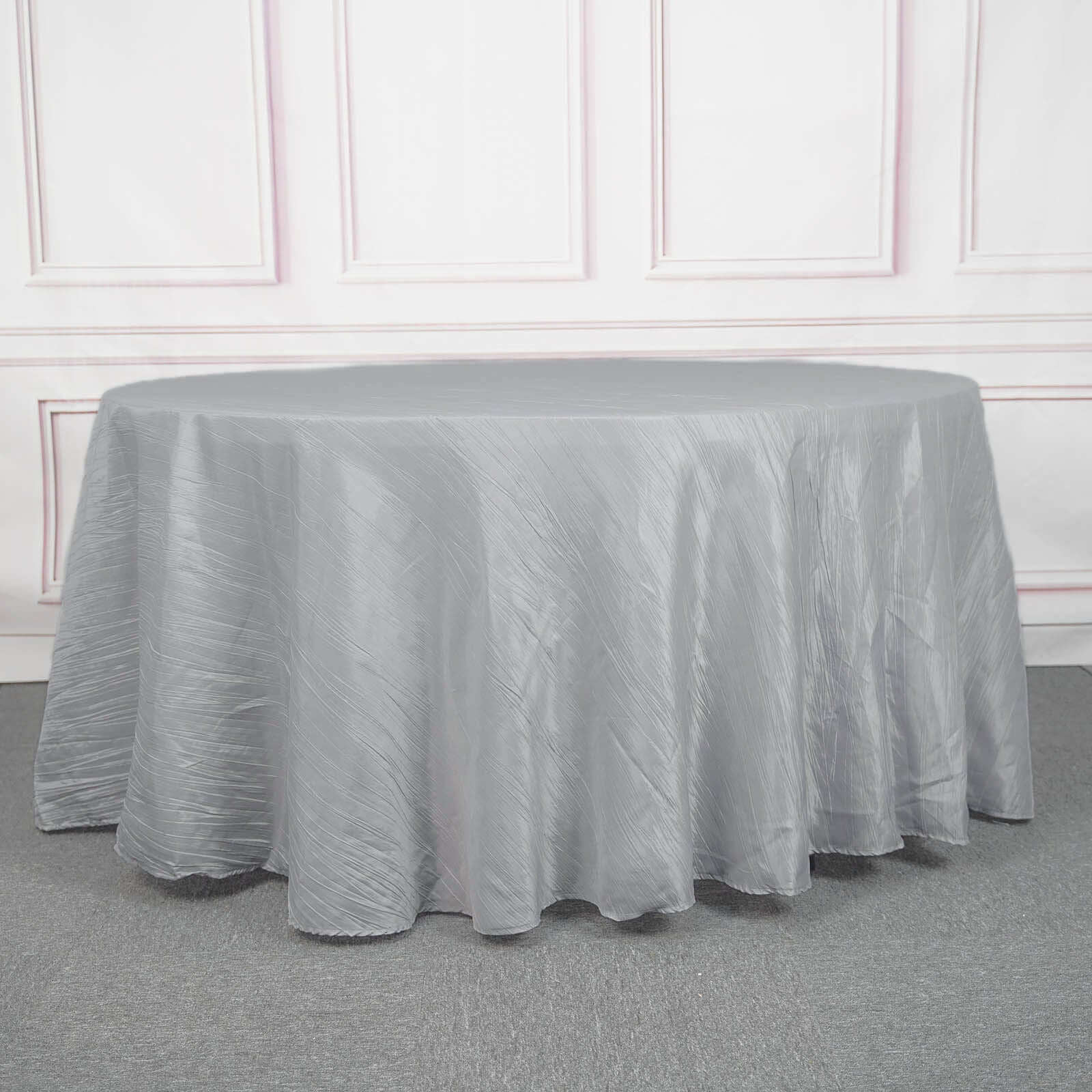 Taffeta 120" Round Tablecloth Silver - Seamless Accordion Crinkle Table Cover
