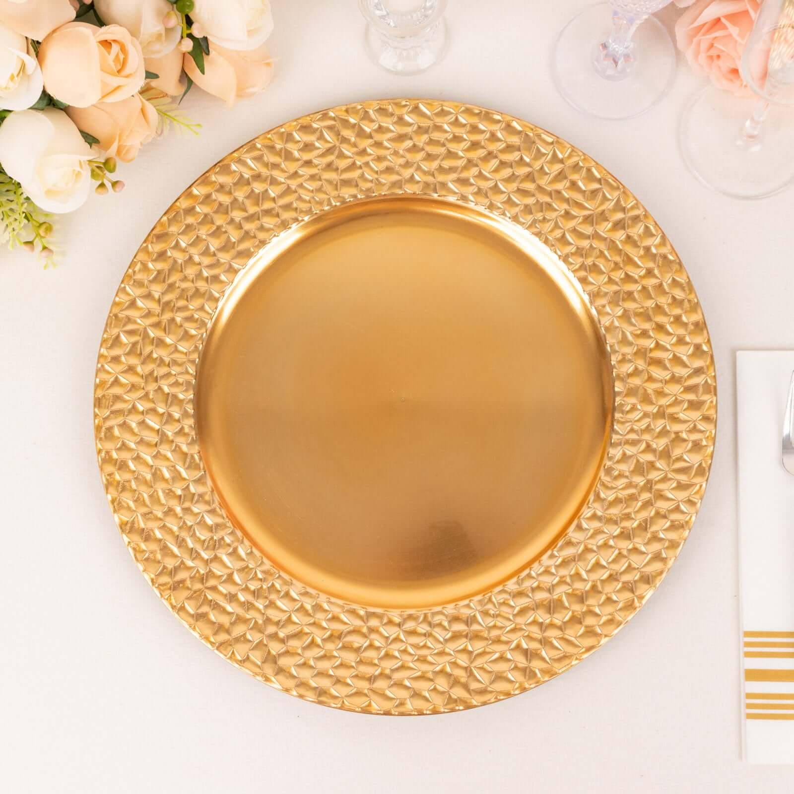 6-Pack Acrylic Round Charger Plates 13" in Metallic Gold with Hammered Rim, Plastic Decorative Dinner Party Charger Tableware