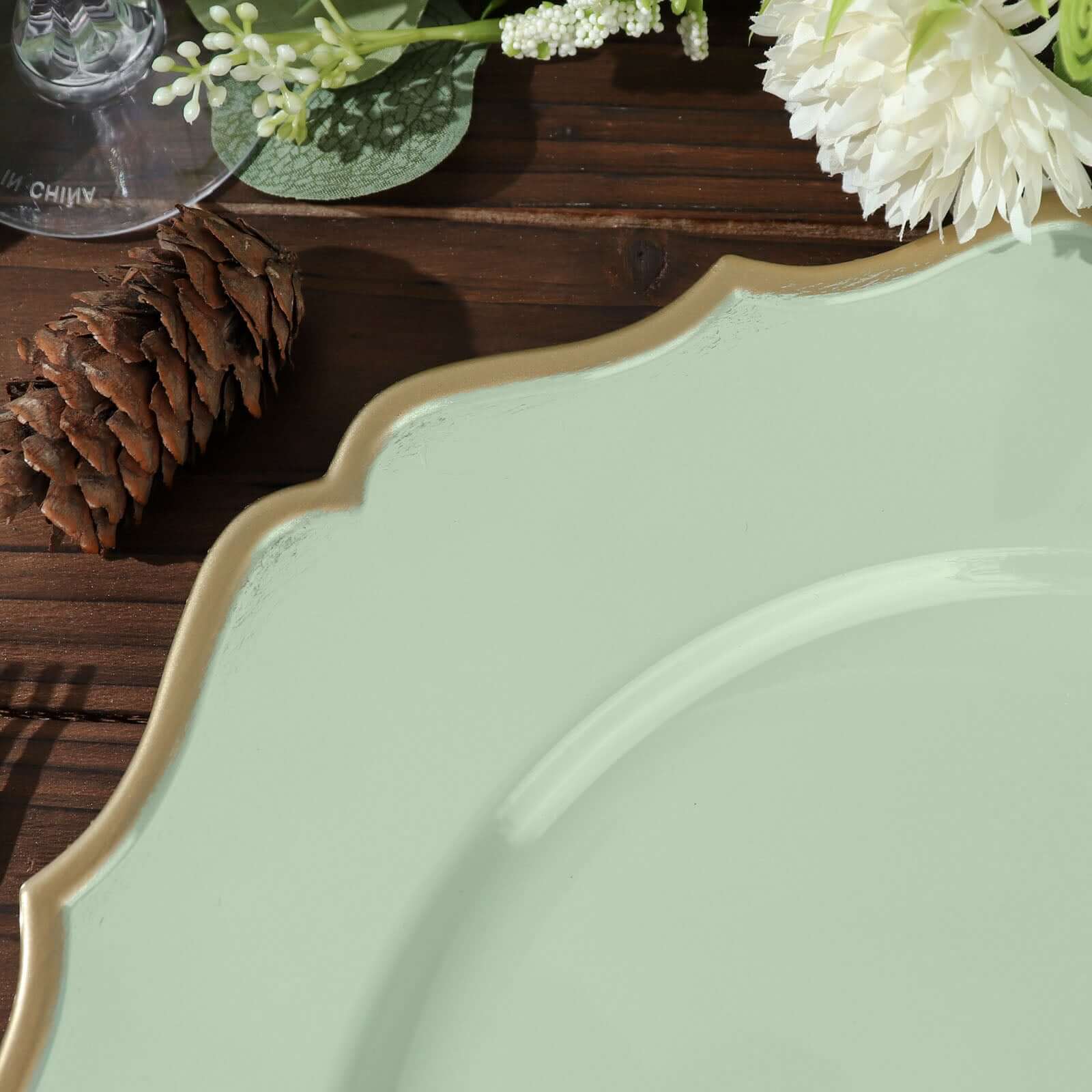 6-Pack Acrylic Round Charger Plates 13" in Sage Sage Green with Gold Scalloped Rim, Decorative Dinner Party Plastic Charger Tableware