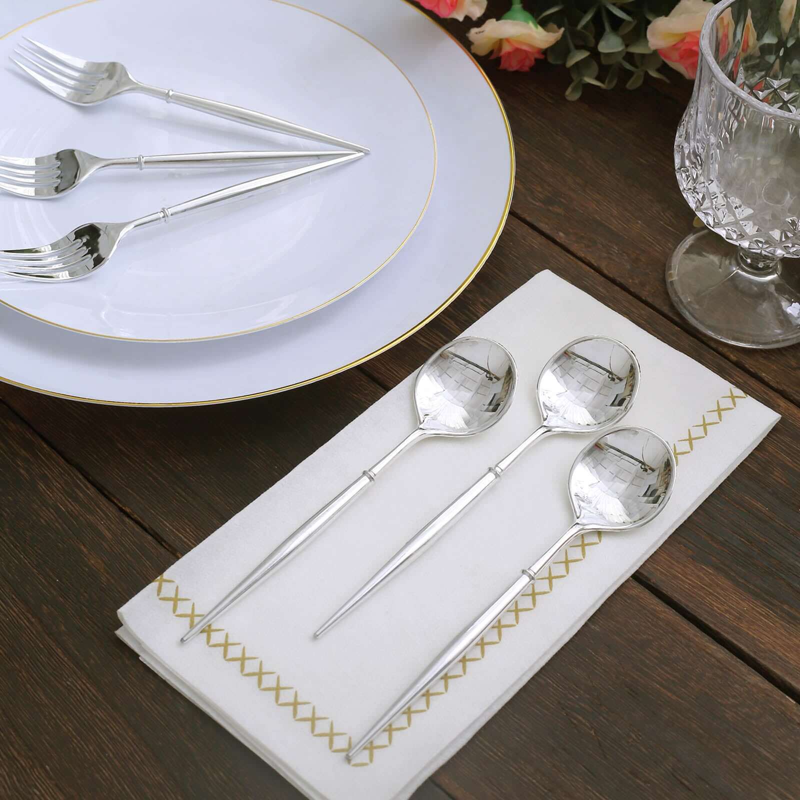 24-Pack Plastic Fork and Spoon Set Metallic Silver - Heavy Duty Disposable Modern Utensils 6"