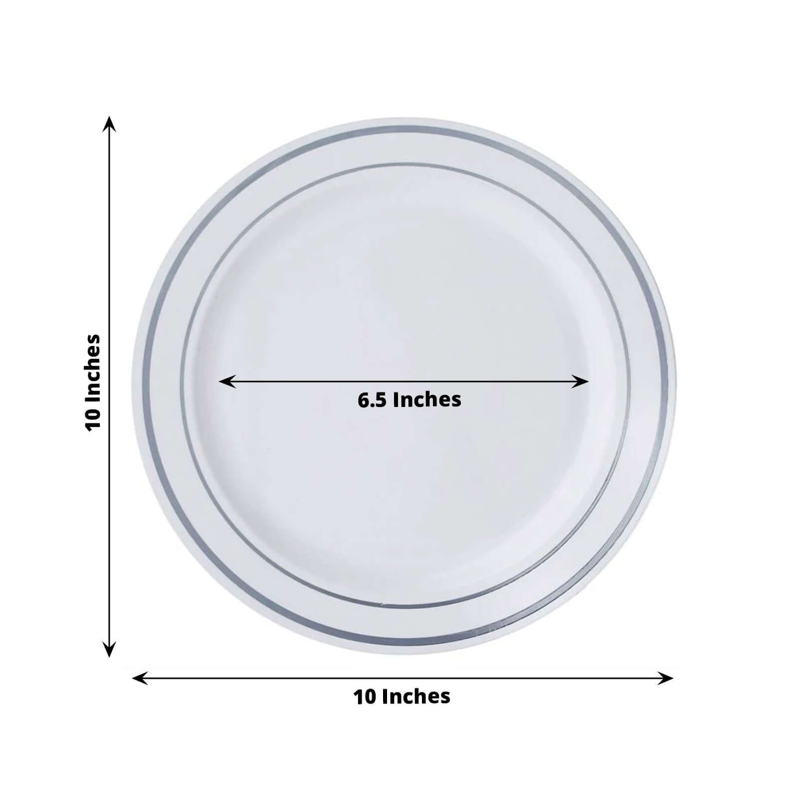 10-Pack Plastic Dinner Plates White with Très Chic Silver Rim - Perfect Disposable Party Plates 10"