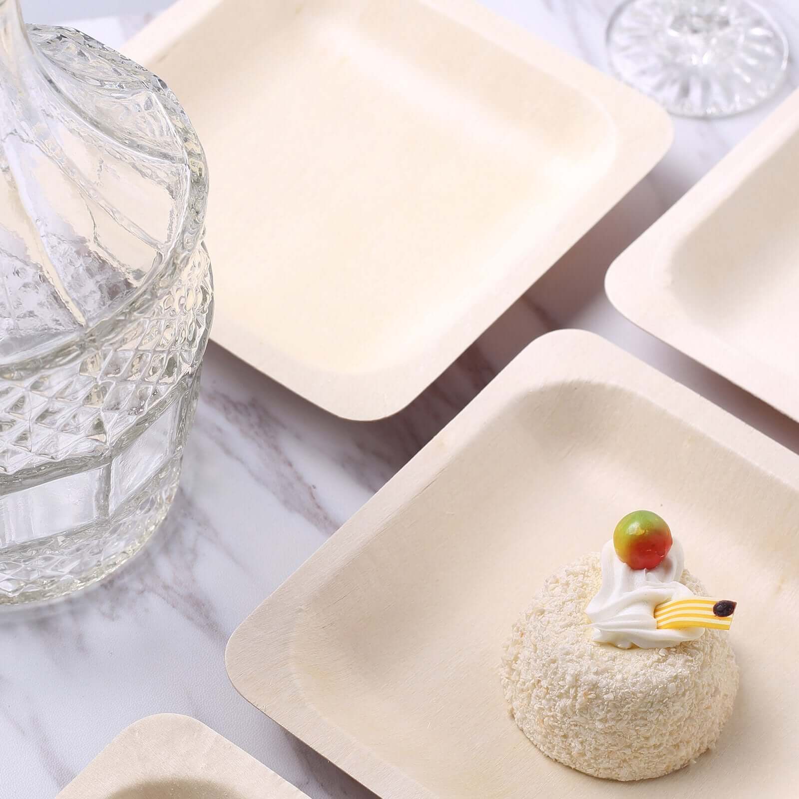 25 Pack 6" Square Eco Friendly Birchwood Wooden Dessert, Appetizer Plates
