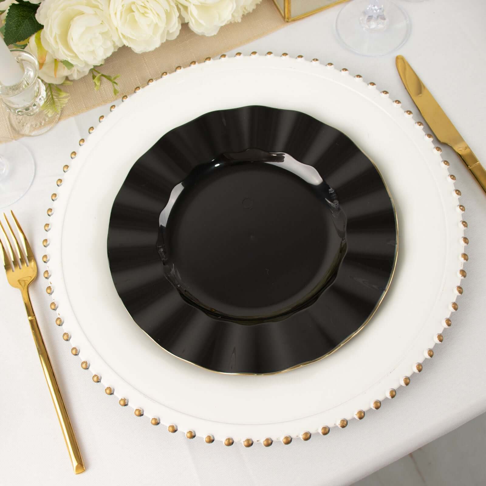 10-Pack Plastic 9" Round Dinner Plates in Black Ruffled Rim with Gold Edging - Sturdy Disposable Dinnerware