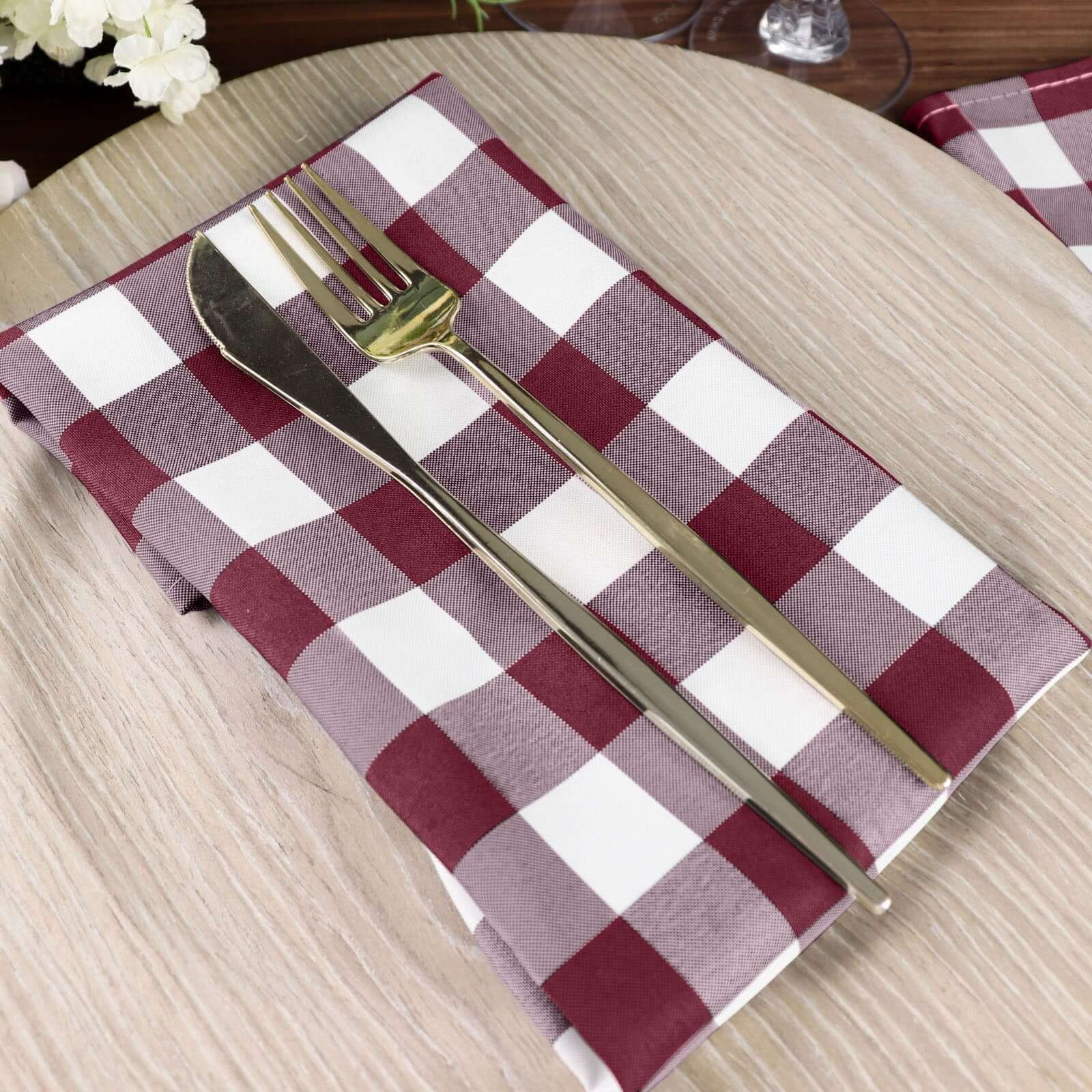5 Pack Polyester 15"x15" Napkins Burgundy/White Buffalo Plaid Gingham Style Cloth Napkins