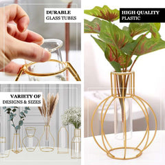 Set of 2 Wedding Centerpieces Gold Metal Frame Bottle Shaped Design - Geometric Glass Bud Vases 8",10"