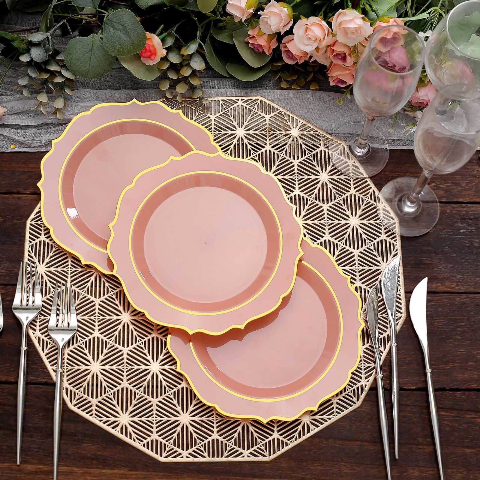 10-Pack Plastic 8" Round Desert Plates in Dusty Rose with Gold Scalloped Rim - Disposable Appetizer/Salad Plates