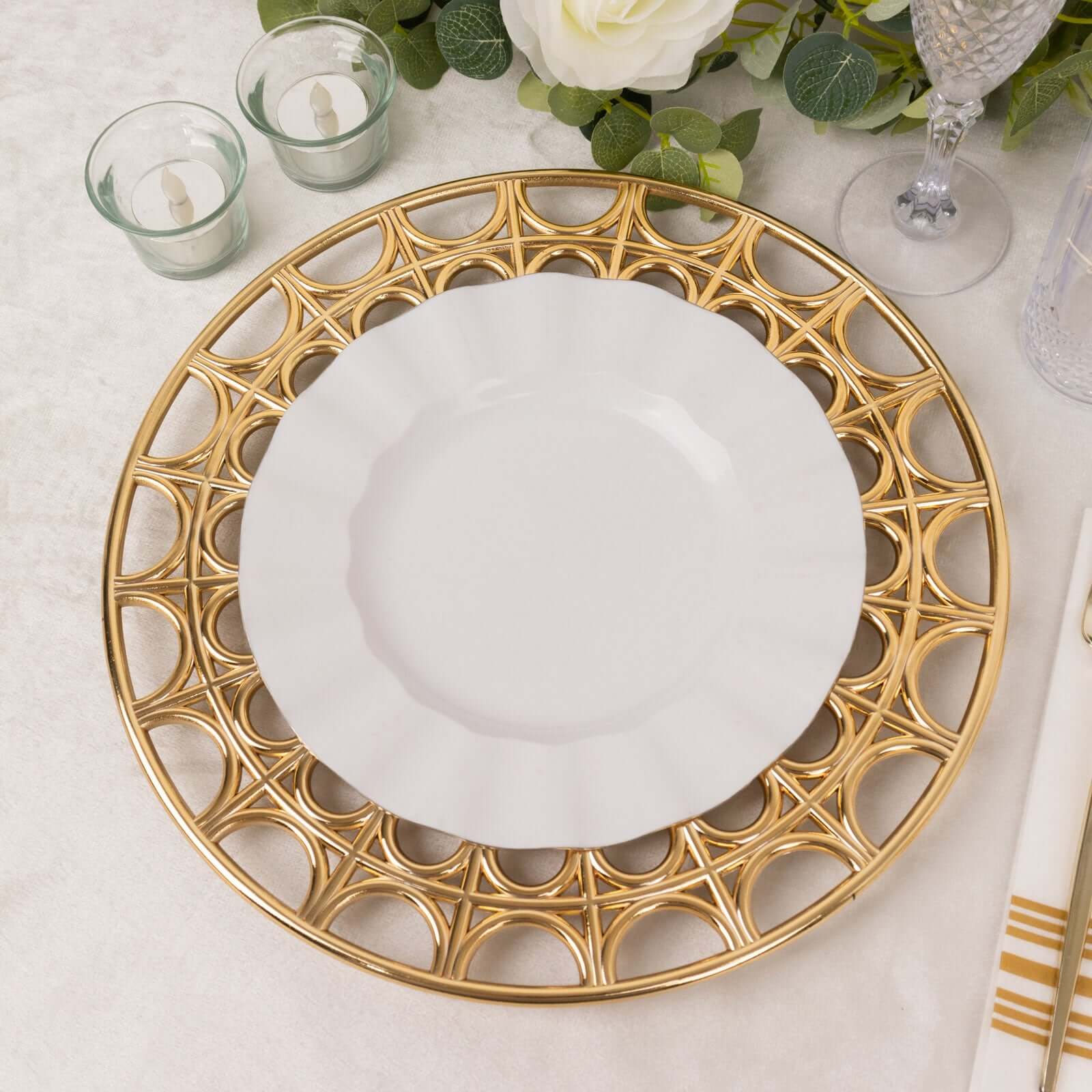 6-Pack Acrylic Round Charger Plates 13" in Metallic Gold with Hollow Semi Circle Rim, Plastic Decorative Charger Tableware