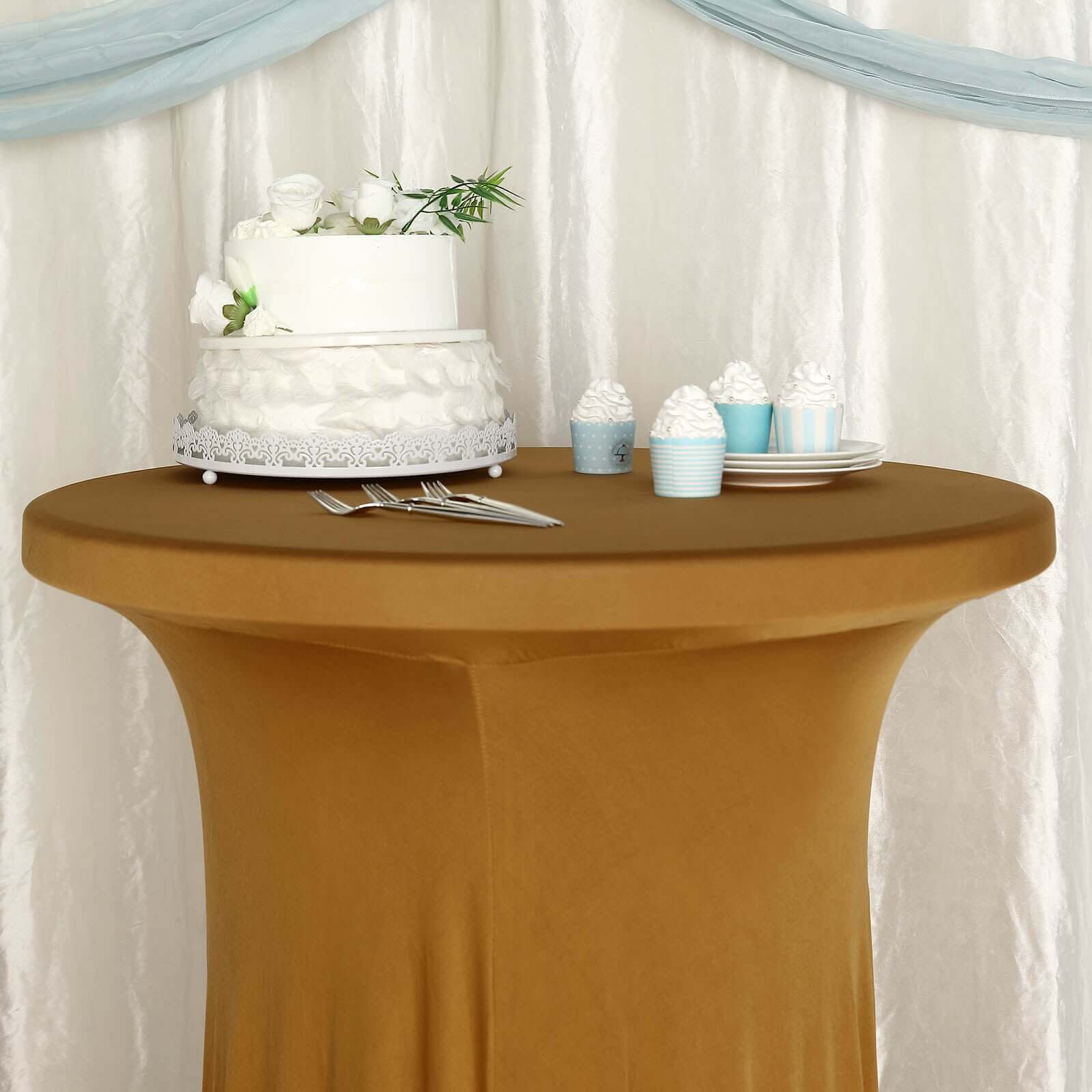 Spandex 32" Round Cocktail Table Cover Skirt Gold With Natural Wavy Drapes - Stylish & Sophisticated Event Decor