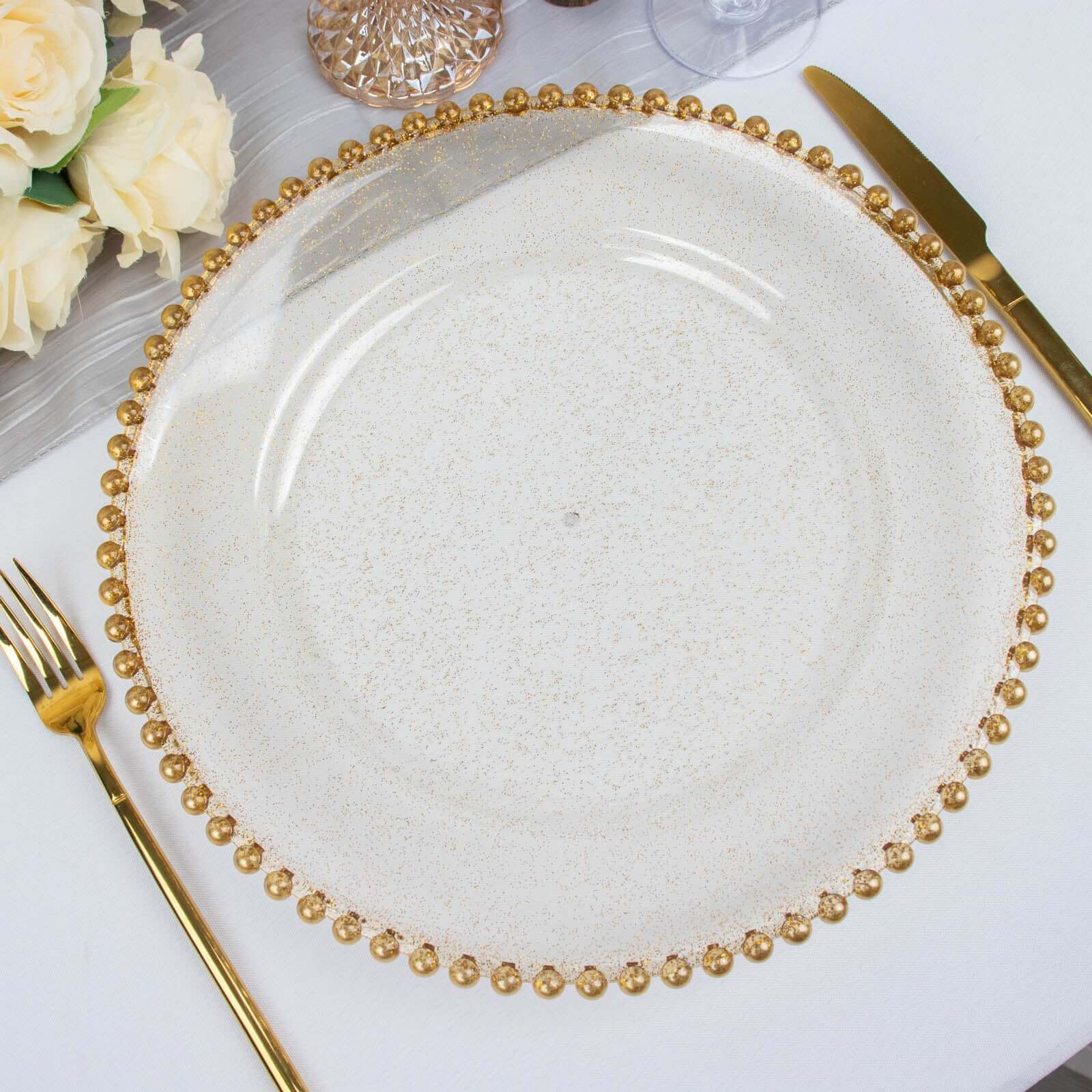 6-Pack Acrylic Round Charger Plates 13" in Clear Gold Glittered with Beaded Rim, Decorative Dinner Party Serving Plates