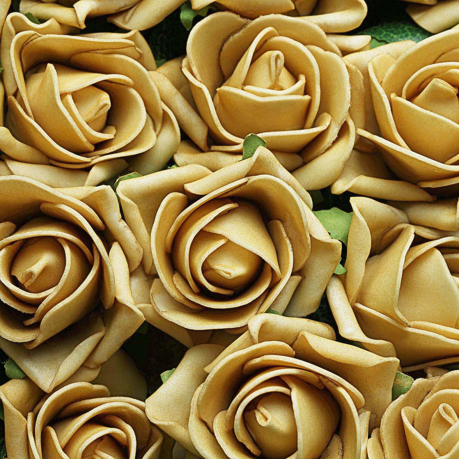 24 Roses 2" Gold Artificial Foam Flowers With Stem Wire and Leaves