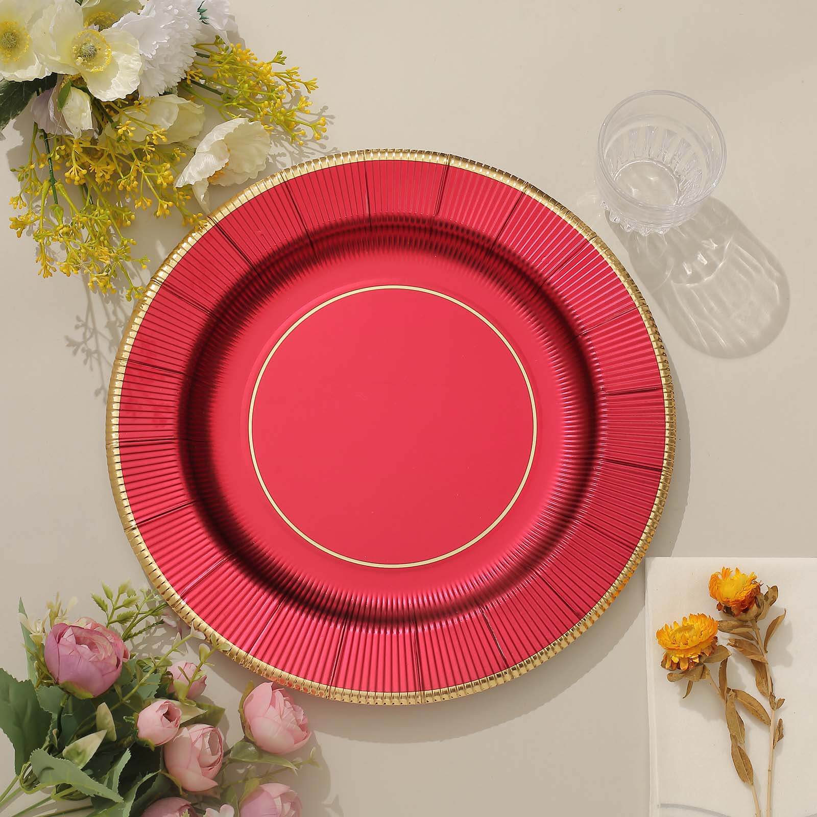25-Pack Disposable Round Charger Plates in Burgundy Sunray Design with Gold Rim - 350GSM Heavy Duty Paper Chargers 13"