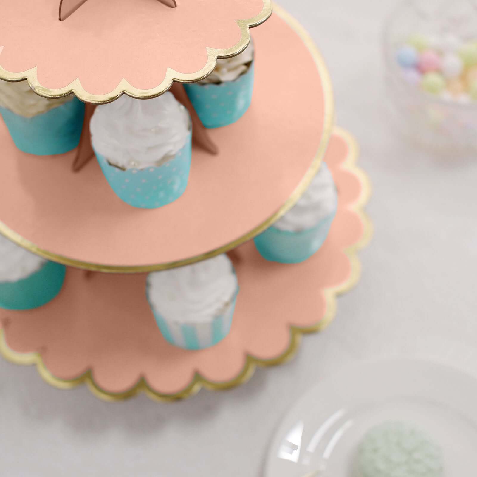 3-Tier Cardboard Cupcake Stand Blush - Sturdy & Collapsible Dessert Treat Tower with Gold Scalloped Rim for Baby Shower Wedding & Party Decor 13"