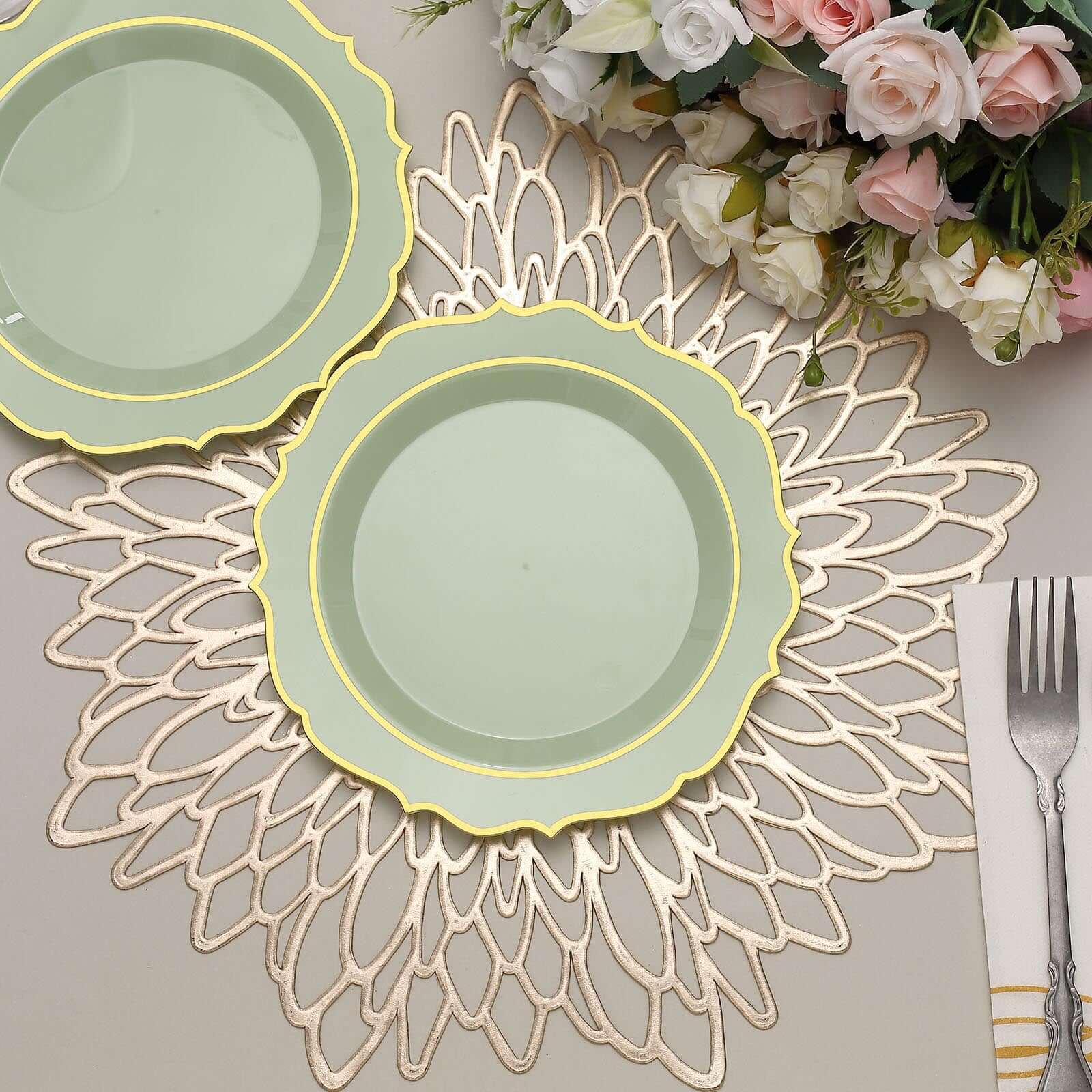 10-Pack Plastic 8" Round Desert Plates in Sage Green with Gold Scalloped Rim - Disposable Appetizer/Salad Plates