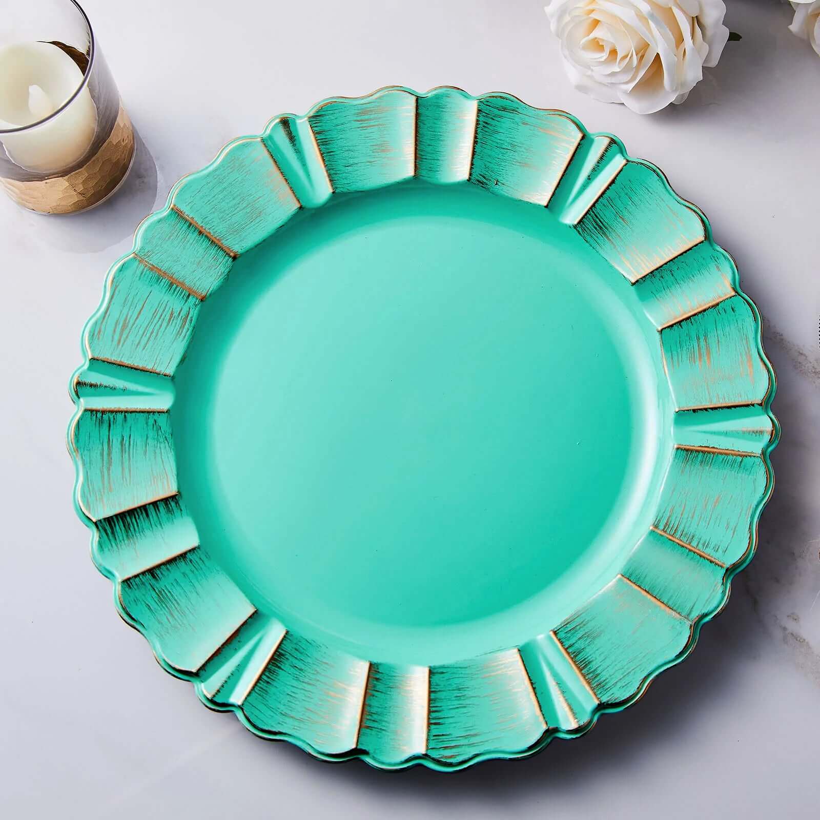 6-Pack Acrylic Plastic Round Charger Plates 13" in Turquoise with Gold Brushed Wavy Scalloped Rim, Decorative Dinner Party Charger Tableware