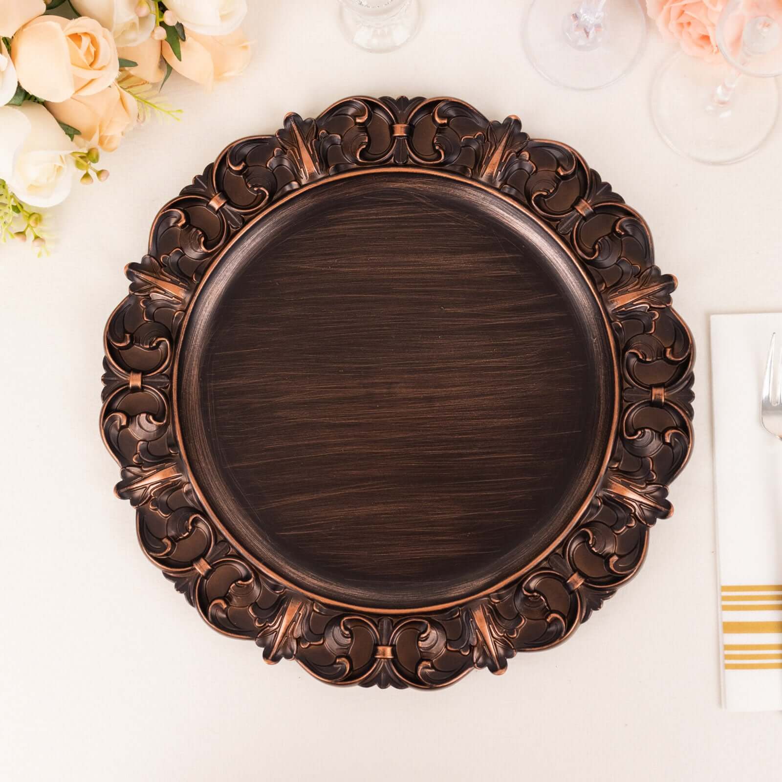 6-Pack Acrylic Round Charger Plates 13" in Dark Brown with Aristocrat Retro Baroque Rim, Ornate Plastic Decorative Chargers