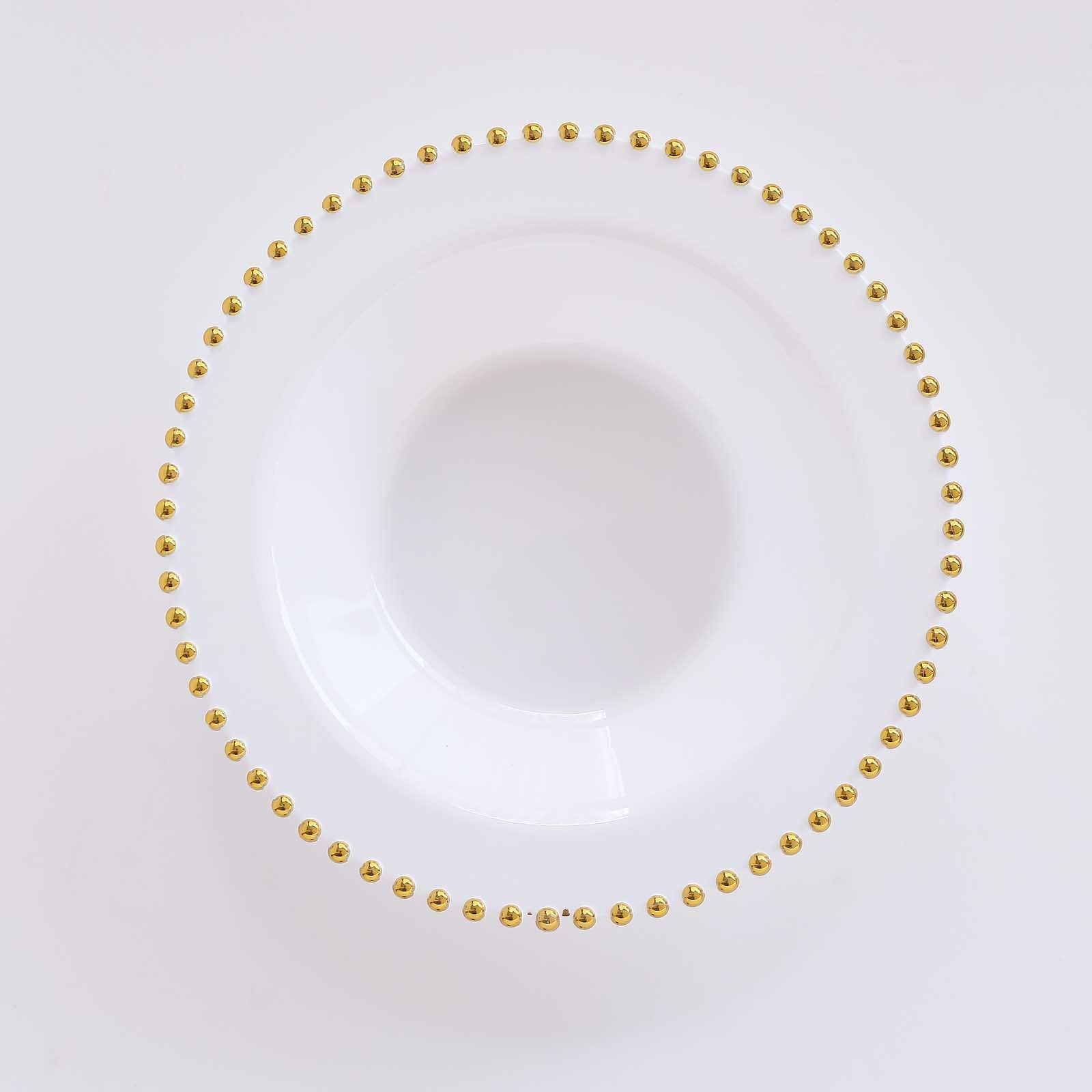10-Pack Plastic Dessert Salad Bowls White Round Design with Gold Beaded Rim - Disposable Soup Bowls 12oz