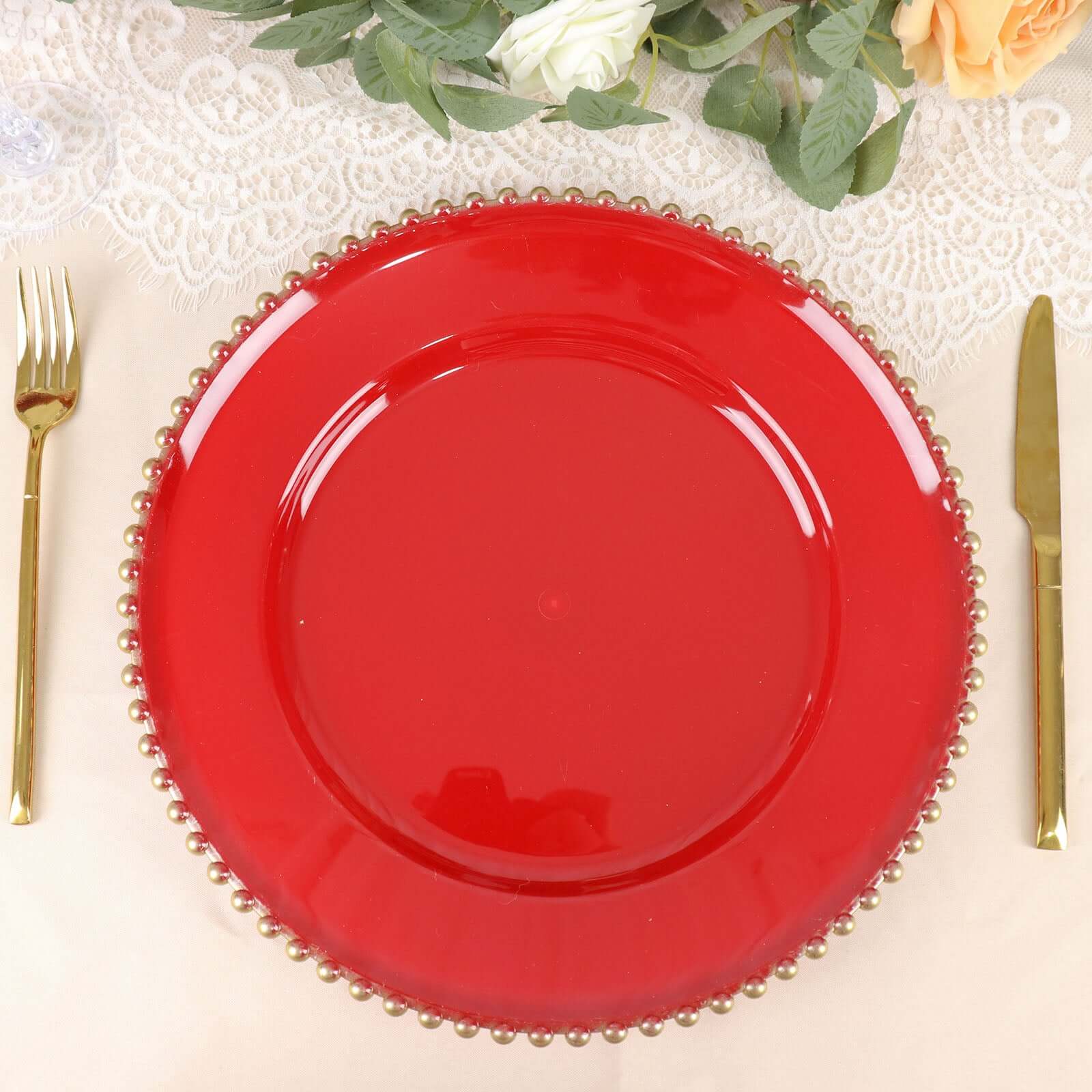 6-Pack Acrylic Round Charger Plates 13" in Red with Gold Beaded Rim, Decorative Dinner Party Charger Tableware