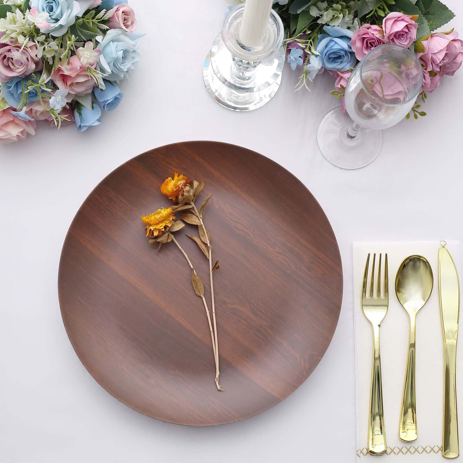 Pack of 6 Melamine 10" Round Dinner Plates in Brown Wood Grain Print - Disposable Shatterproof Party Plates for Rustic Farmhouse-Inspired Table Decor