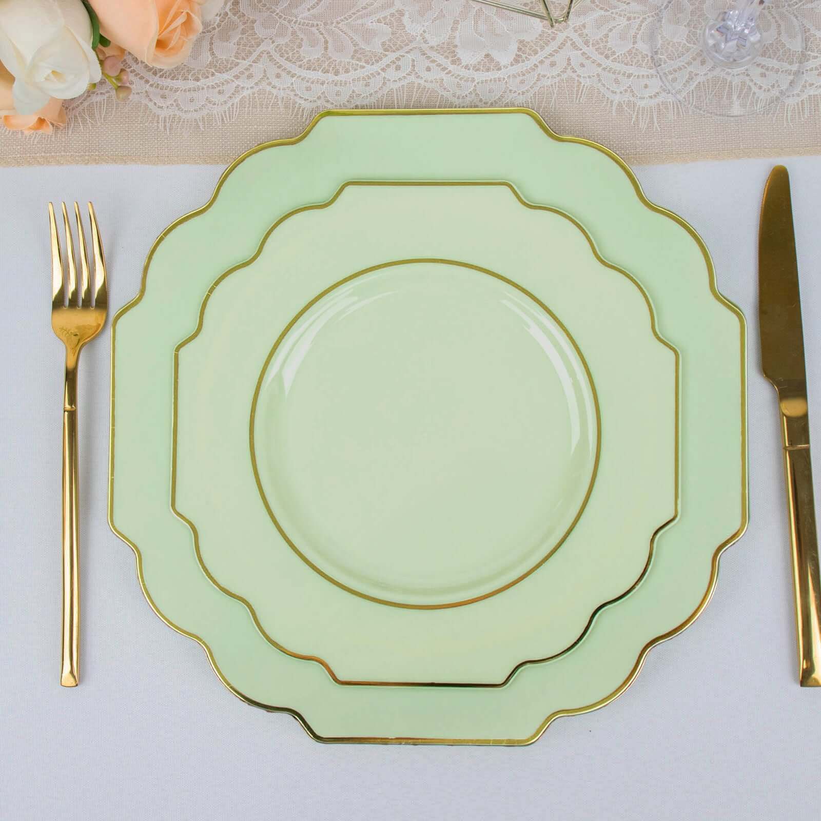 10-Pack Plastic Dessert Appetizer Plates in Sage Green Baroque Design with Scalloped Gold Rim - Heavy Duty Disposable Salad Plates 8"