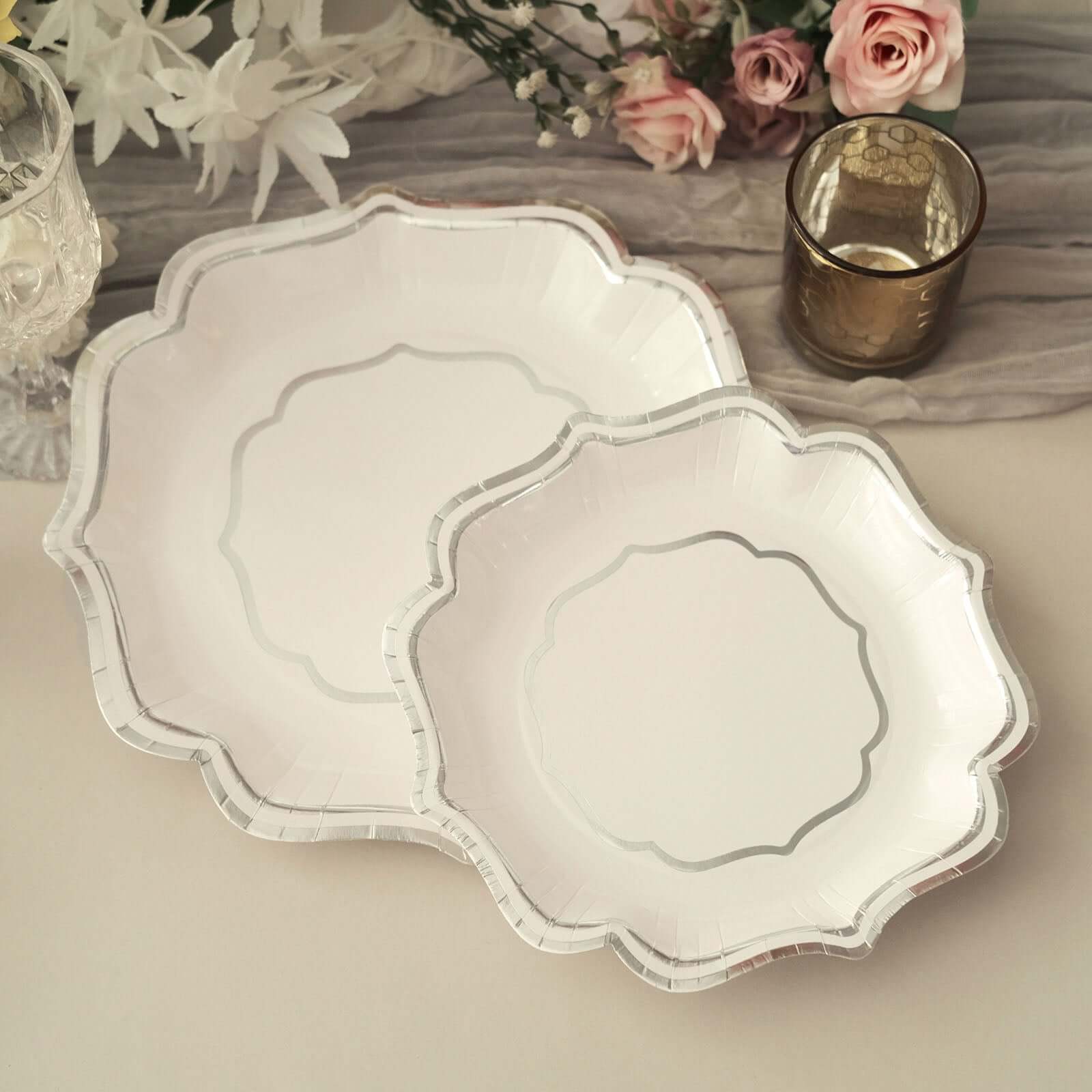 25-Pack Paper Dinner Plates in White with Silver Scallop Rim - Disposable 300GSM Party Plates 10"