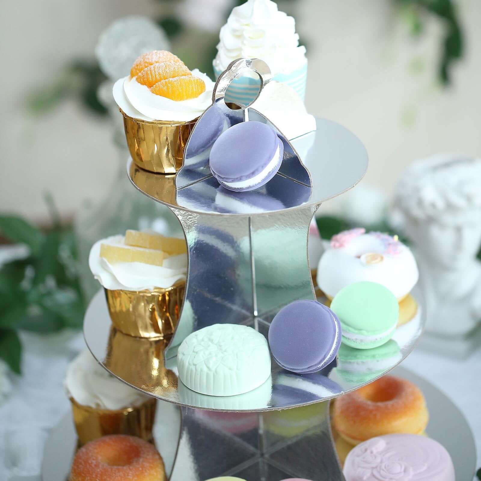 3-Tier Cardboard Cupcake Stand Metallic Silver - Reusable Dessert Table Display Tower for Classy Birthday Wedding Party Decoration 14"