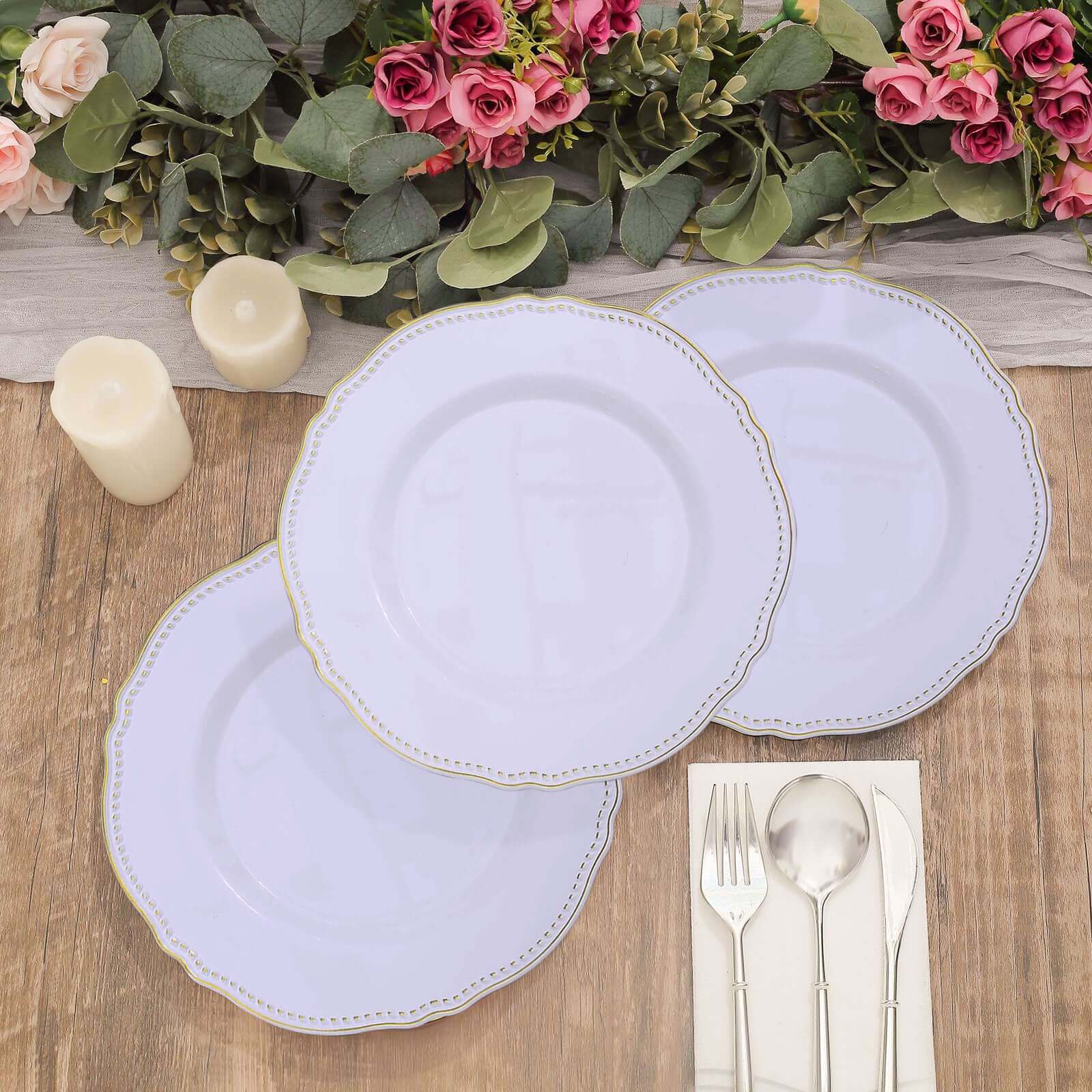 10-Pack Plastic Dinner Plates in White with Gold Scalloped Rim - Disposable Party Plates 9"