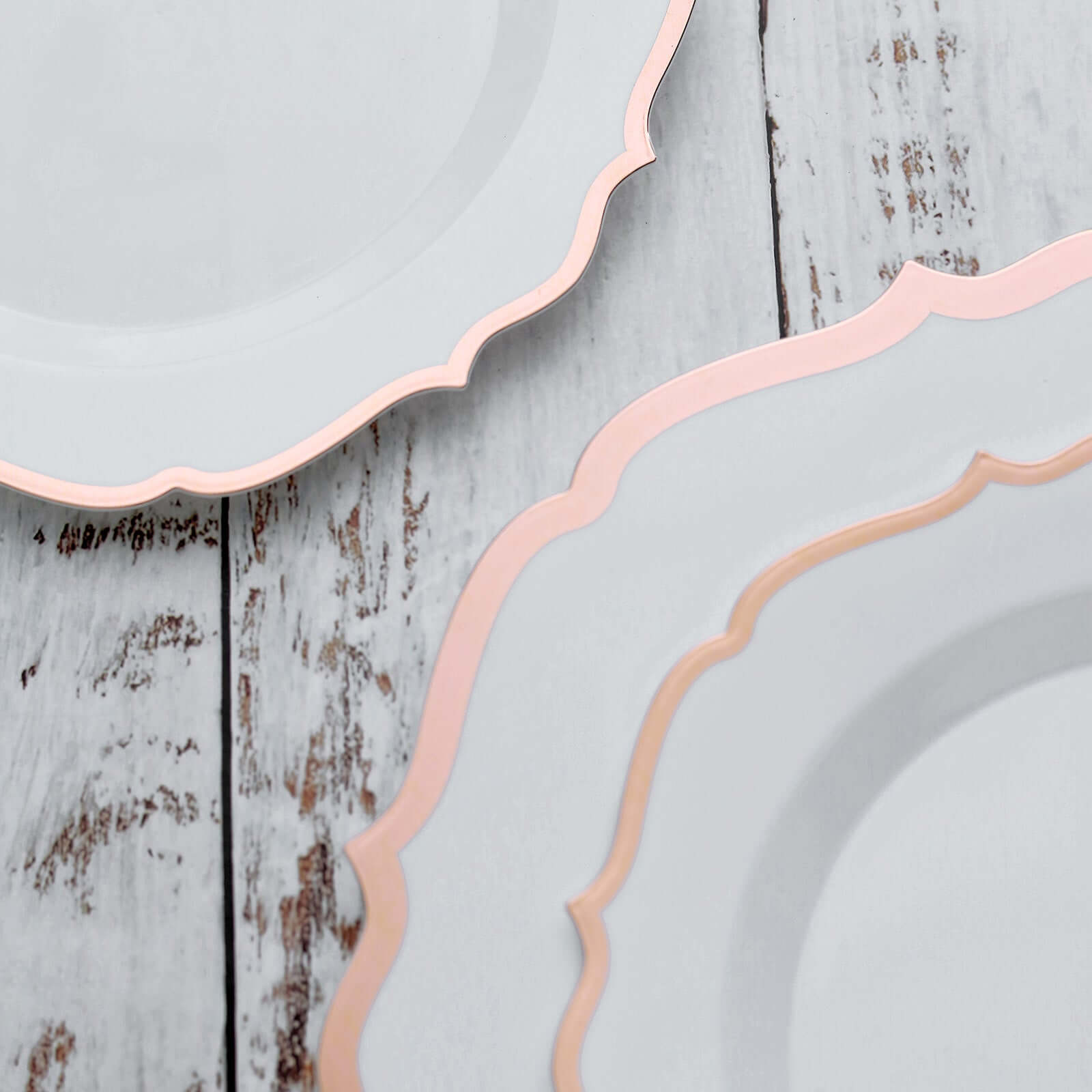 10-Pack Plastic 8" Round Desert Plates in White with Rose Gold Scalloped Rim - Disposable Appetizer/Salad Plates