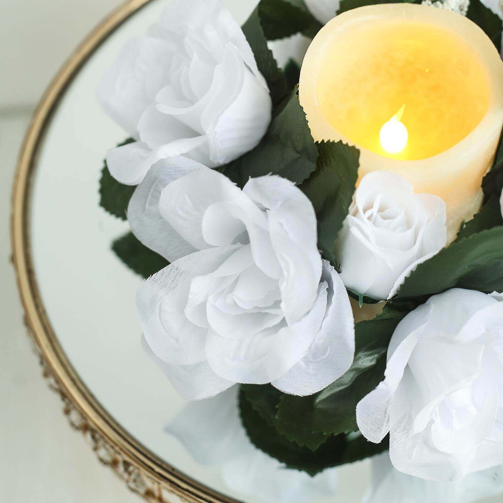 4 Pack 3" White Artificial Silk Rose Flower Candle Ring Wreaths