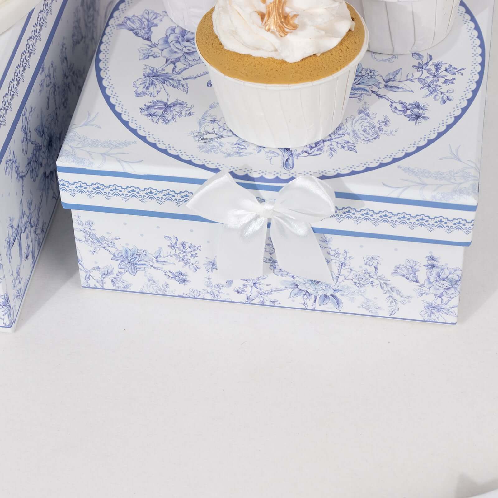 Set of 4 Cardstock Round Nesting Gift Boxes White Blue French Toile Design - Decorative Heavy Duty Stackable Keepsake Boxes With Lids for Presents Storage & Pedestal Stand 5",7",8",9"