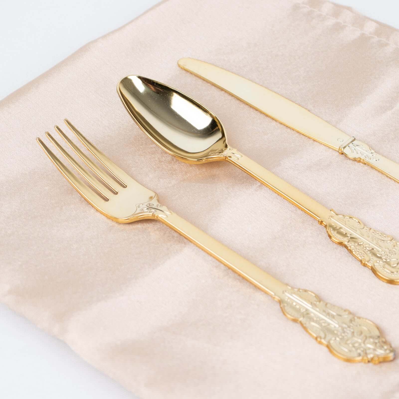 24 Pcs Plastic Silverware Set in Baroque Style Metallic Gold - Heavy Duty Disposable Knife, Fork, and Spoon Set