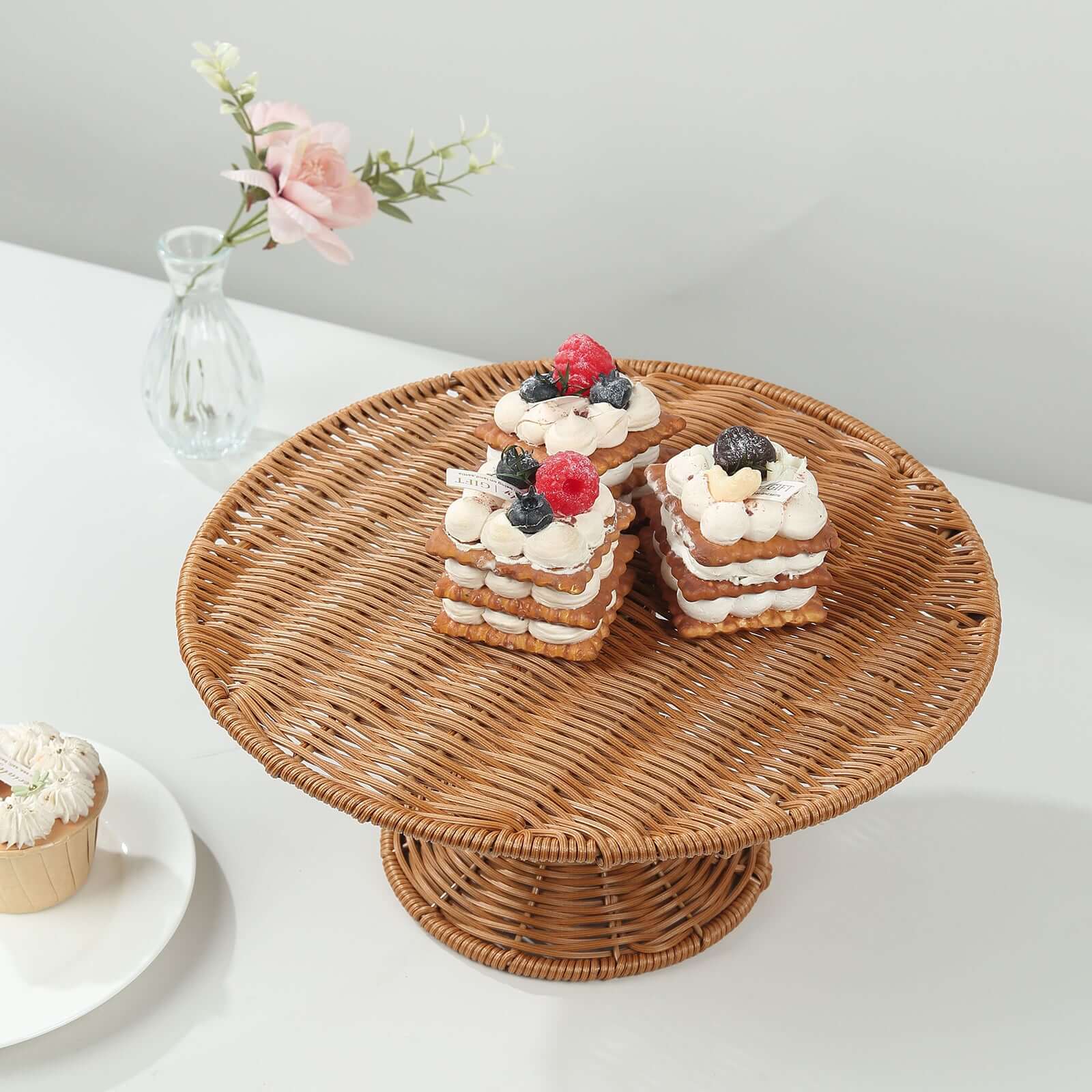 Plastic Round Rattan Wicker Pedestal Cake Stand Natural - Reusable Rustic Cupcake Holder Dessert Table Display Centerpiece for Home Parties & Events 12"
