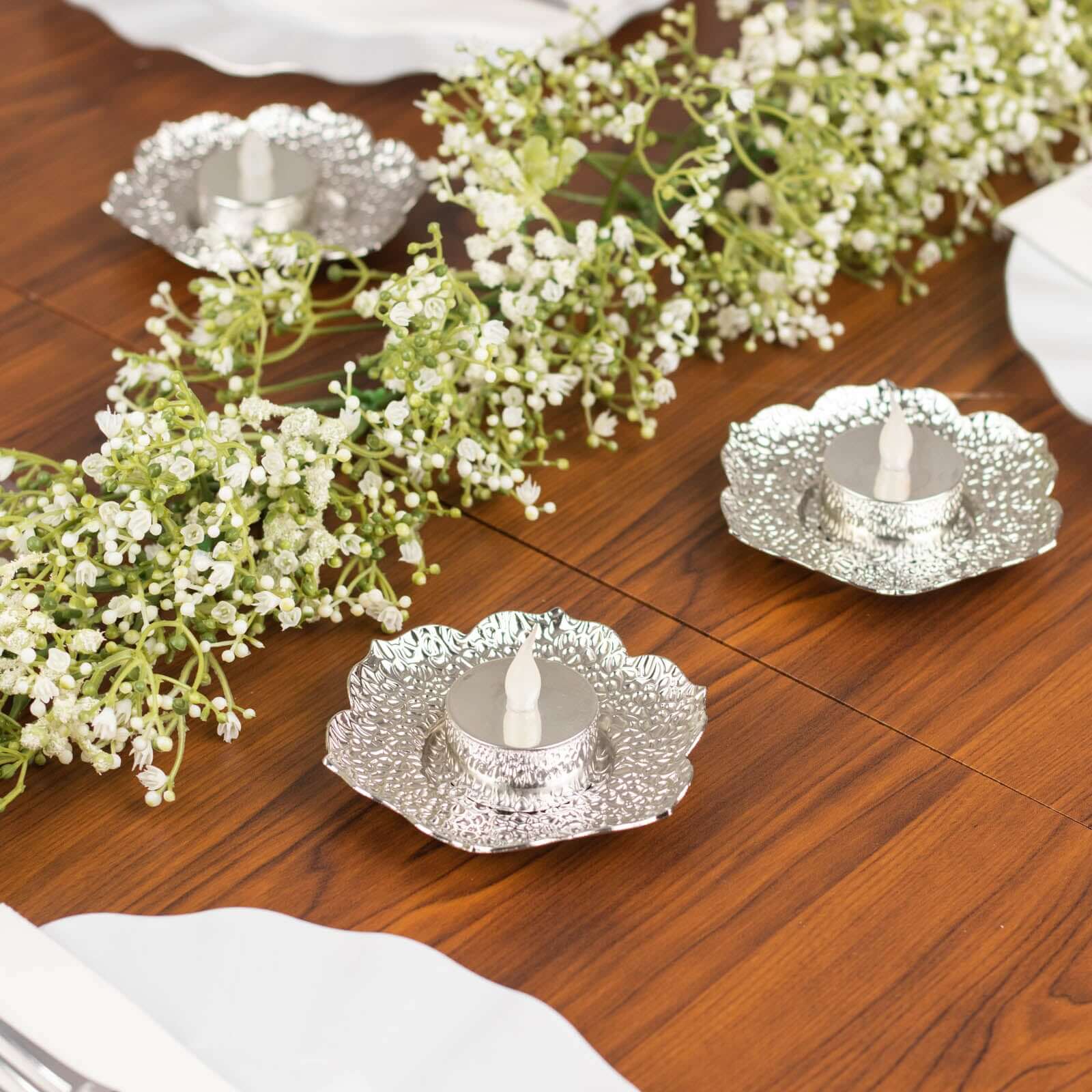 3-Pack Metal Votive Candle Holders Plum Blossom Design Shiny Silver - Vintage Mini Tea Cup Saucers 4"