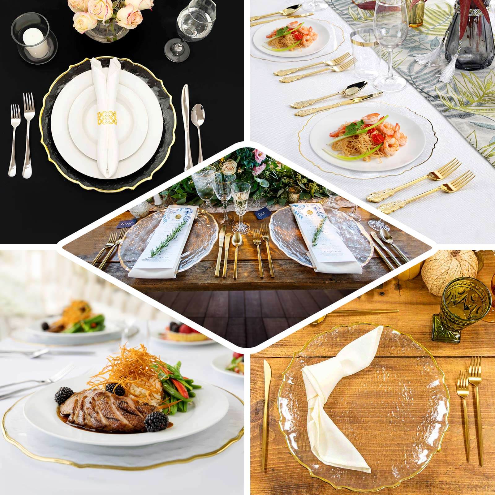 8-Pack Glass Round Charger Plates 13" in Clear with Gold Sunflower Scalloped Rim, Decorative Dinner Chargers