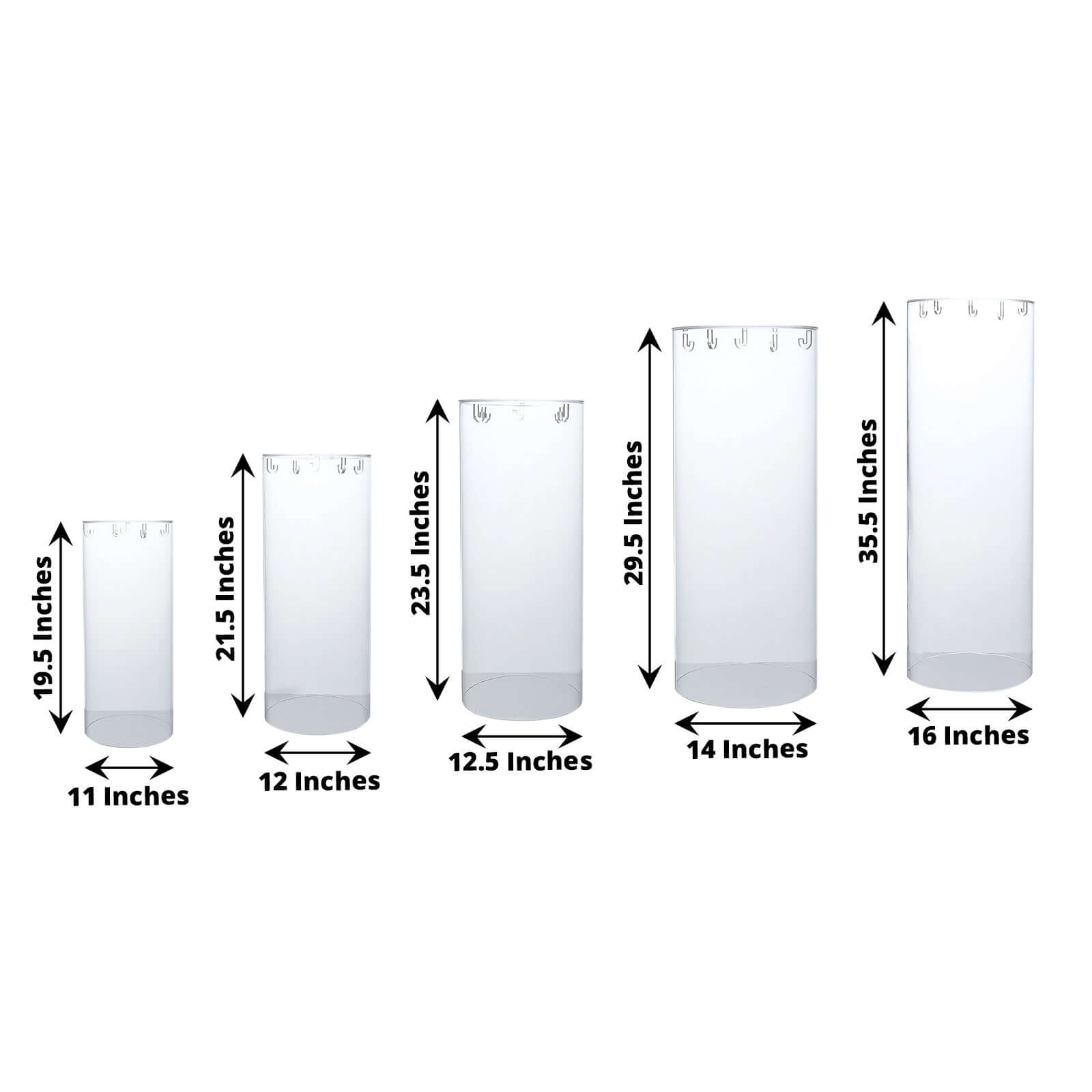 Set of 5 Clear Acrylic Cylinder Pedestal Stands, Wedding Pillar Plinth Column Cake Dessert Table Display With Hanging Hooks