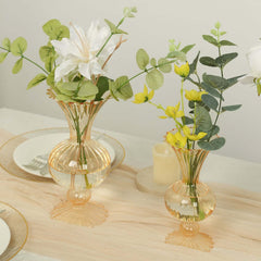 Set of 4 Glass Flower Vases Nordic Style with Petals Texture Amber Gold - Transparent Bud Planters for Wedding Table Decor 7", 9"