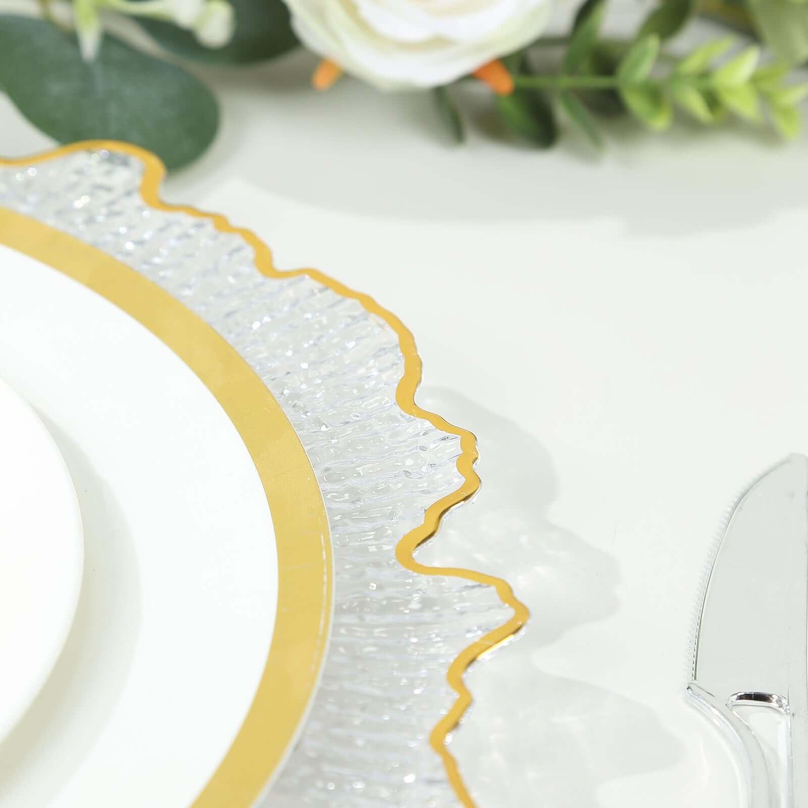 6-Pack Plastic Round Charger Plates 12" in Clear Reef Design with Gold Rim, Decorative Dinner Party Serving Plates