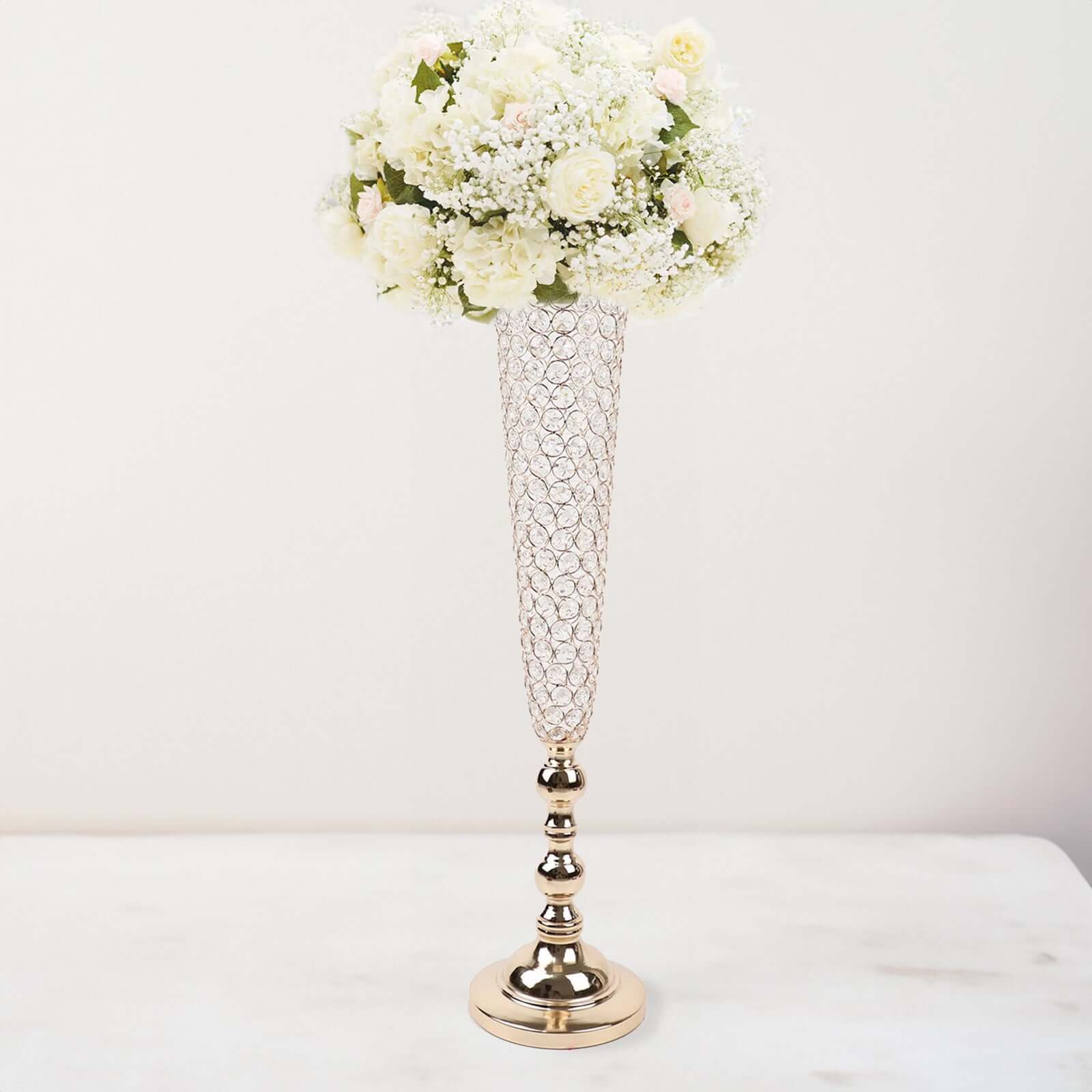 2-Pack Crystal Beaded Trumpet Vase Set Gold - Table Centerpiece for Grand Occasions 40"