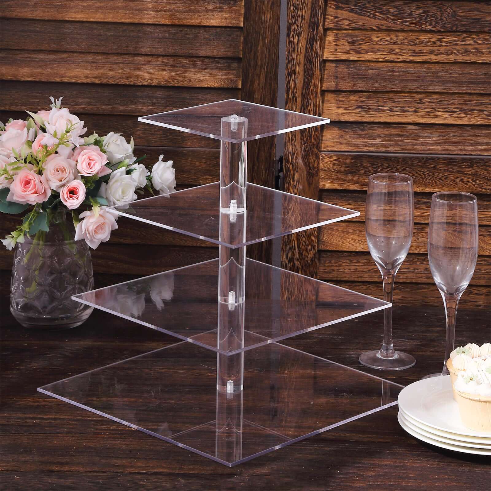 4-Tier Acrylic Square Cupcake Stand Clear - Heavy Duty Dessert Tower Display Holder for Pastries Appetizers & Snacks 12"