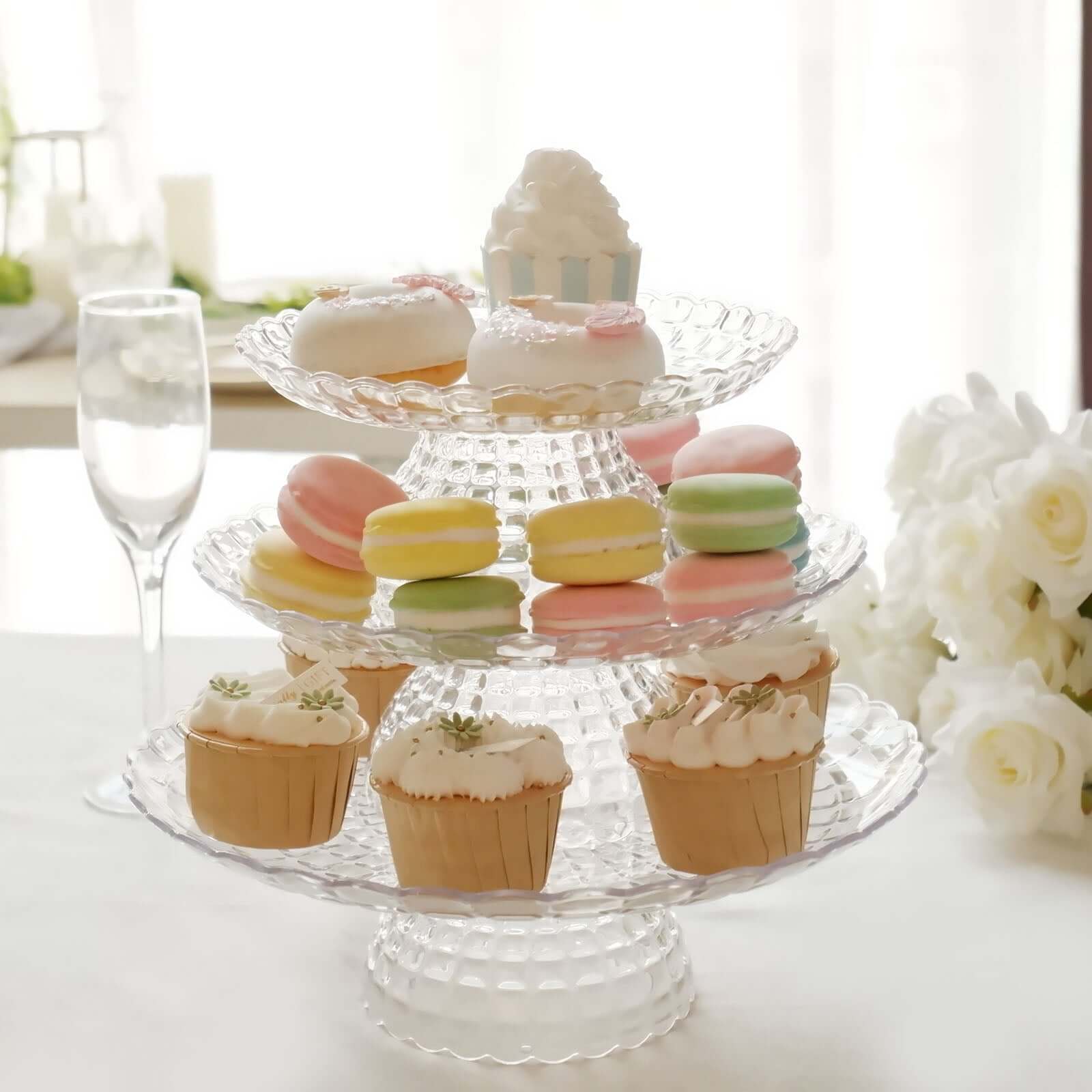 Set of 3 Plastic Cupcake Stands Clear Pressed Glass Pattern - Modern Stackable & Reusable Cake Dessert Pedestal Display Holders with Scalloped Edges 8", 10", 12"