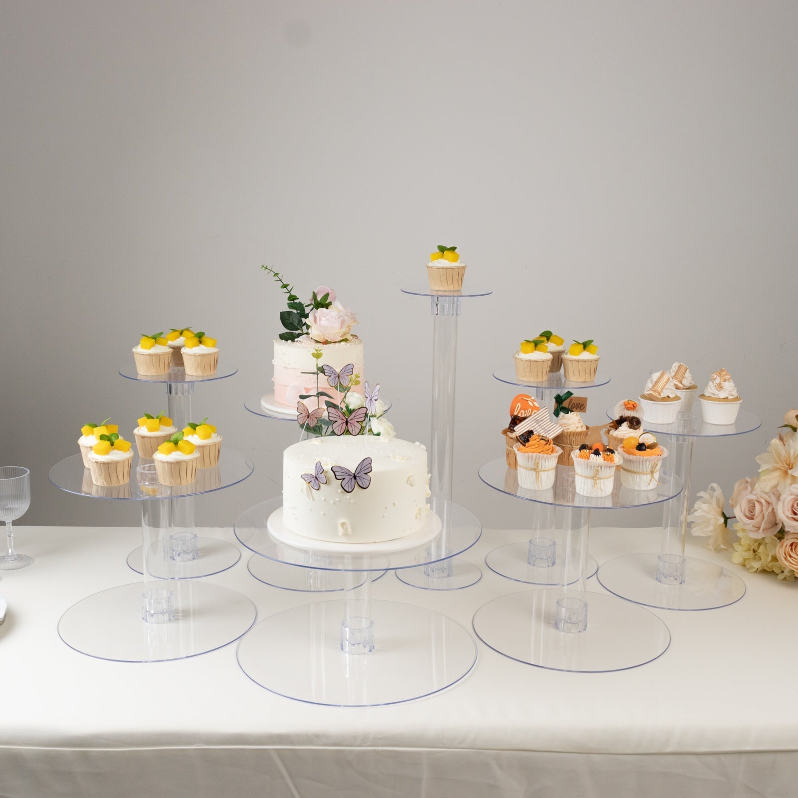 8-Tier Acrylic Cake Stand Set Clear - Sturdy & Lightweight Cupcake Holder Dessert Pedestal Centerpiece Risers in Assorted Sizes for Modern Minimalist Buffet Party Tables