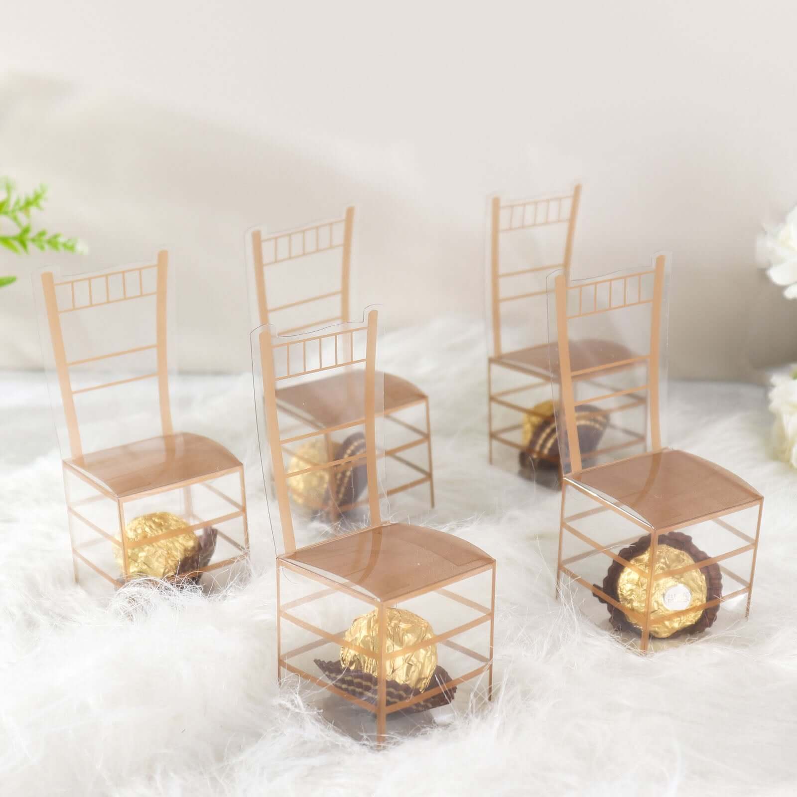 25 Pack Clear and Gold PVC Chiavari Chair-Shaped Party Favor Candy Gift Boxes - 2"x5"