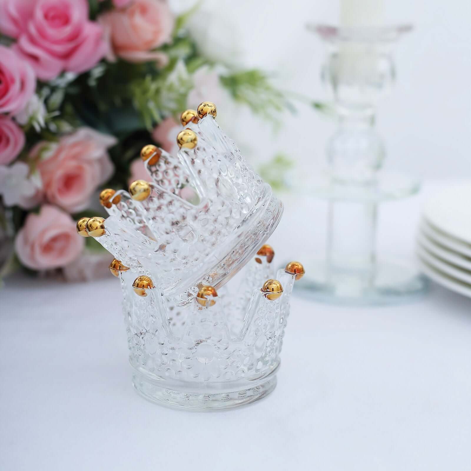 6-Pack Glass Crown Votive Candle Holders Clear Crystal Design with Gold Beaded Tips - Tea Light Holders 3"x2"