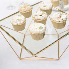 Metal Cake Stand Geometric Pedestal Riser Design Gold with Square Glass Top - Display Centerpiece 12"