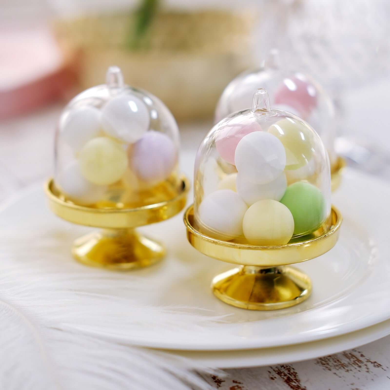 12-Pack Fillable Mini Pedestal Candy Container Clear/Gold- Stylish Candy Treat Favor Containers with Dome Lid 3"