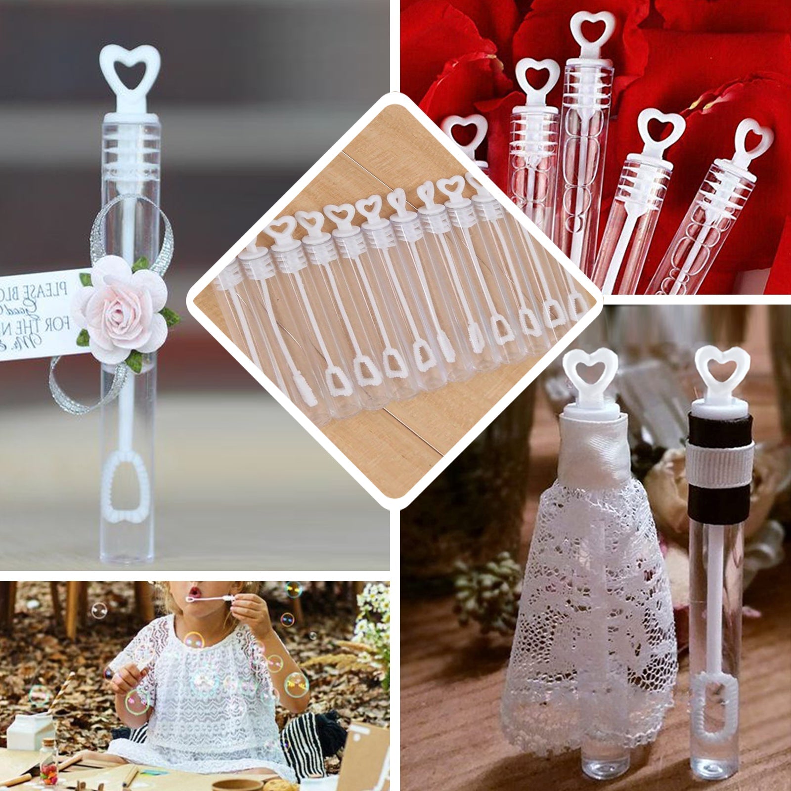 48 Pack 4" White Heart Chemistry Tube Bubbles Bridal Wedding Shower Favor