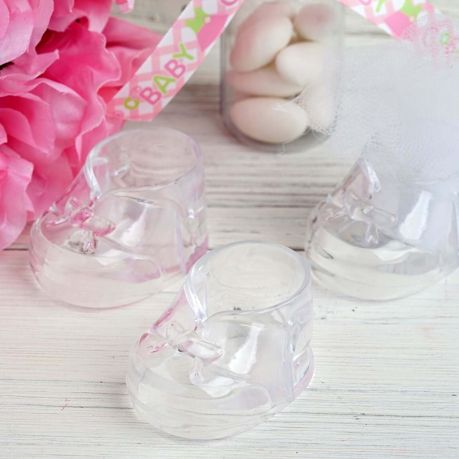 13 Pack 2.5" Clear Fillable Plastic Baby Booties Party Favor Boxes, Transparent Baby Shower Candy Gift Boxes