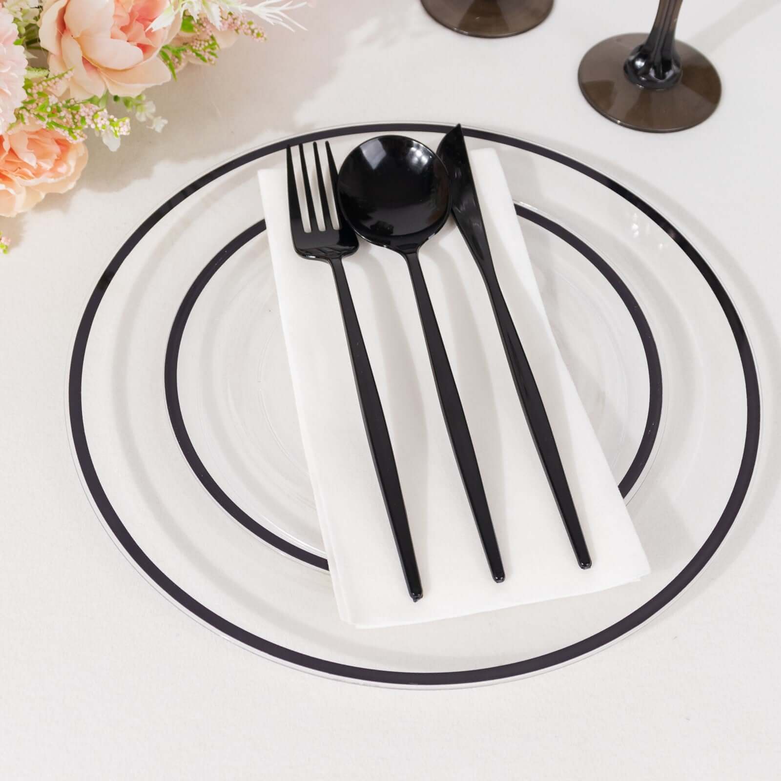 10-Pack Plastic 7" Round Appetizer Plates in Clear with Black Rim - Sleek Disposable Salad Plates for Banquets & Special Occasions